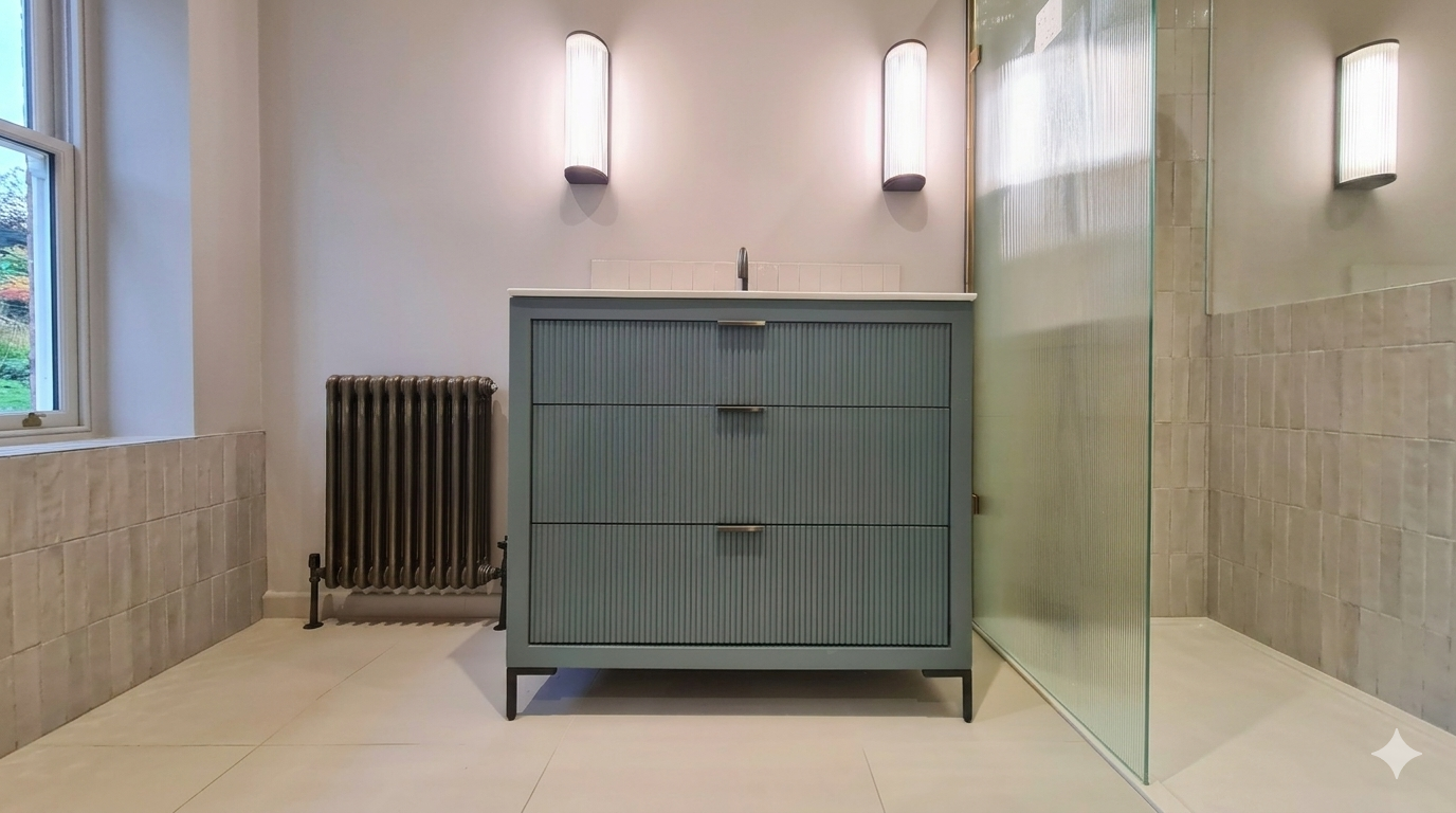 Fluted sage green fitted bathroom vanity unit, Wimbledon, London