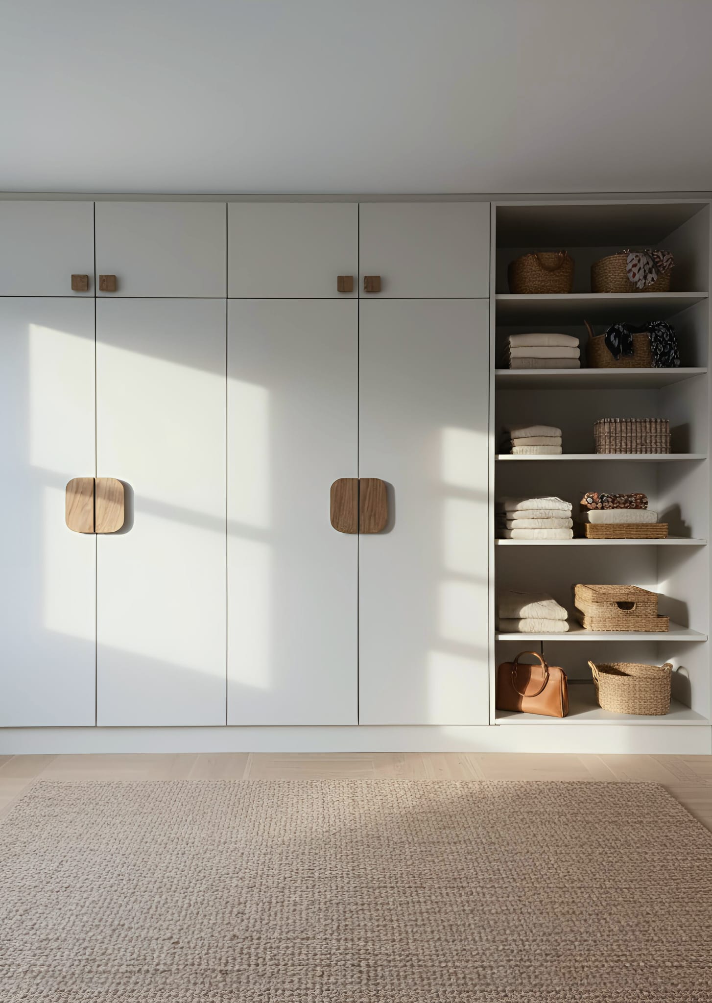 Floor-to-ceiling off-white fitted wardrobes with open shelving in Hackney, London