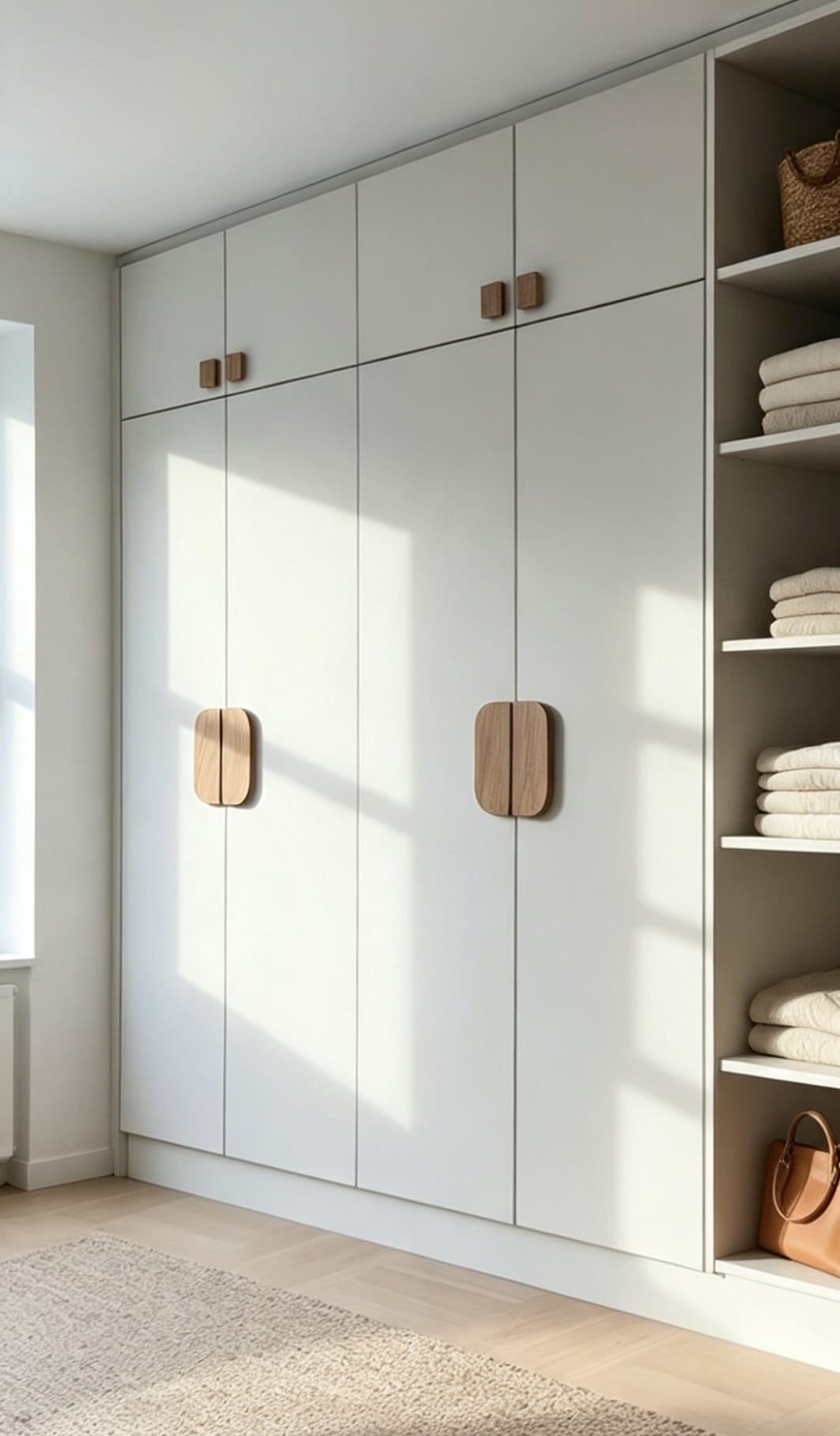 Off-white bespoke wardrobes with natural oak handles and open shelves in Hackney