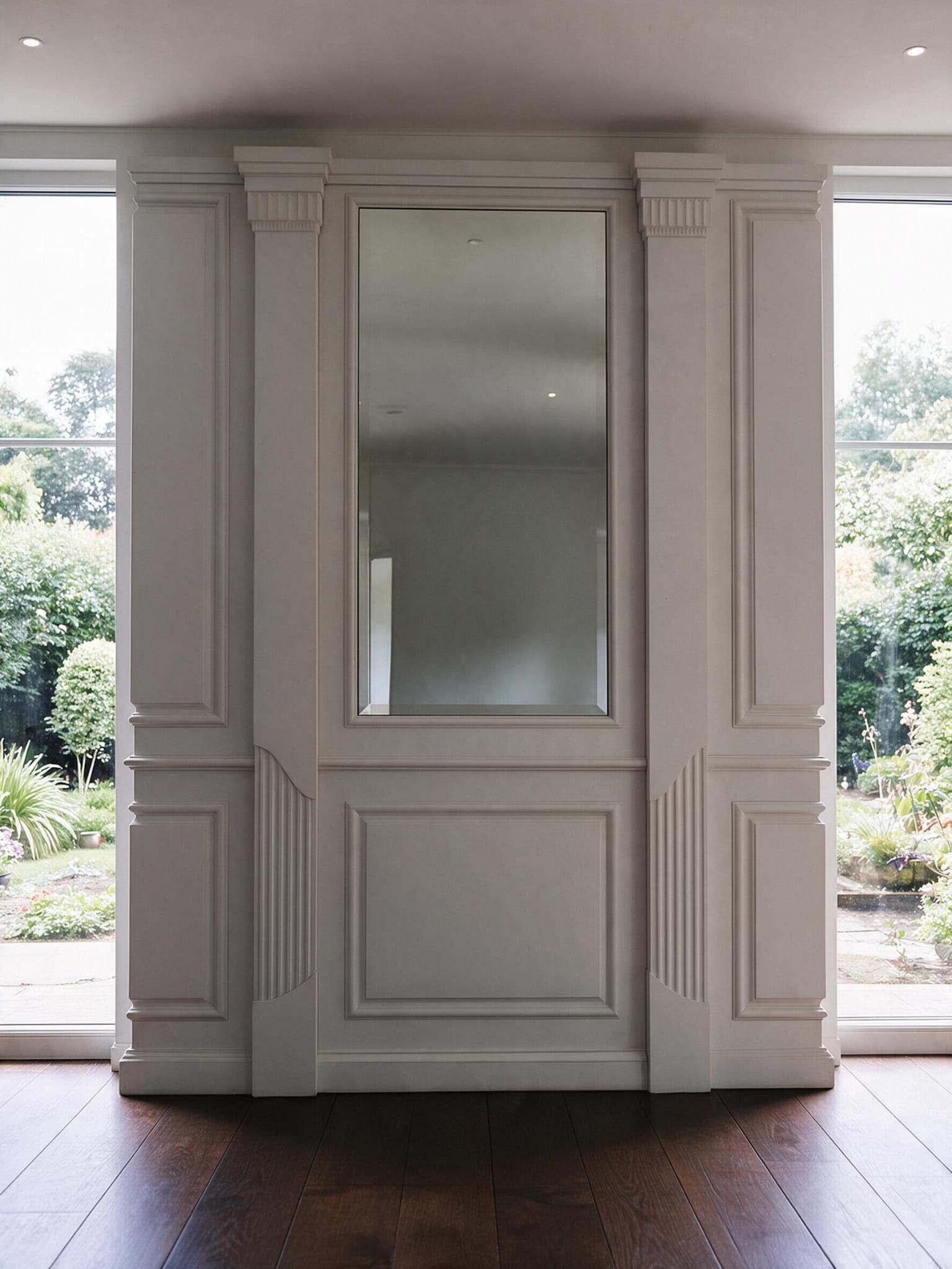 Front view of the mirrored panel and classical wall panelling in Chelsea