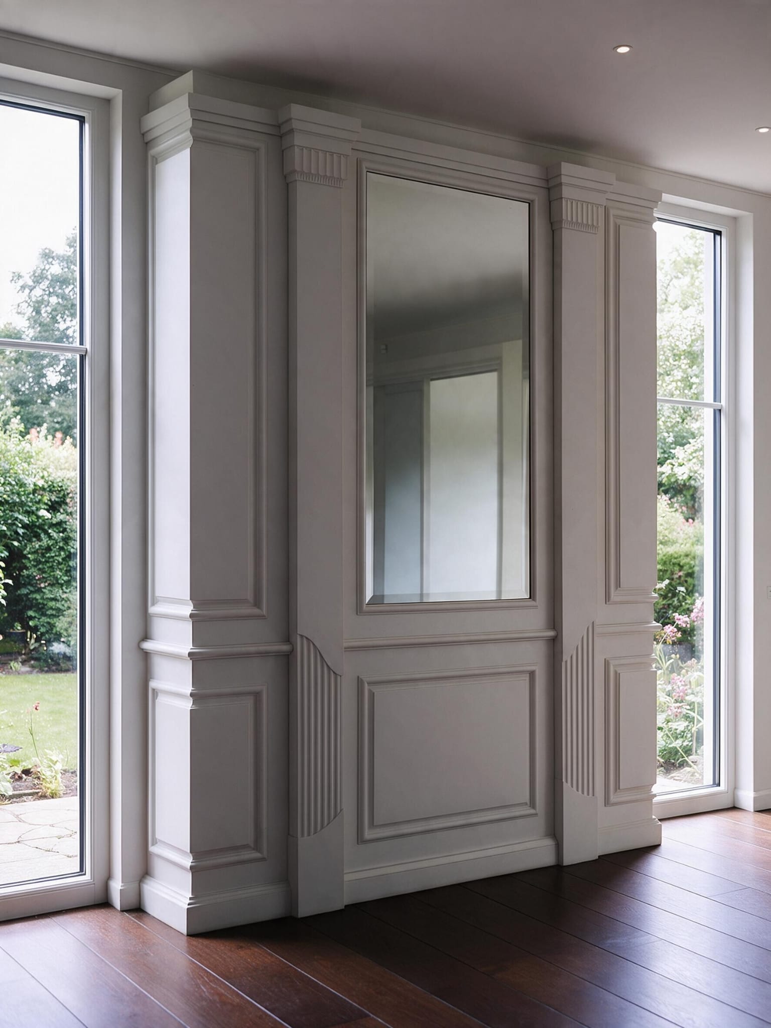 Mirrored wall panelling with fluted pilasters between full-height windows in Chelsea