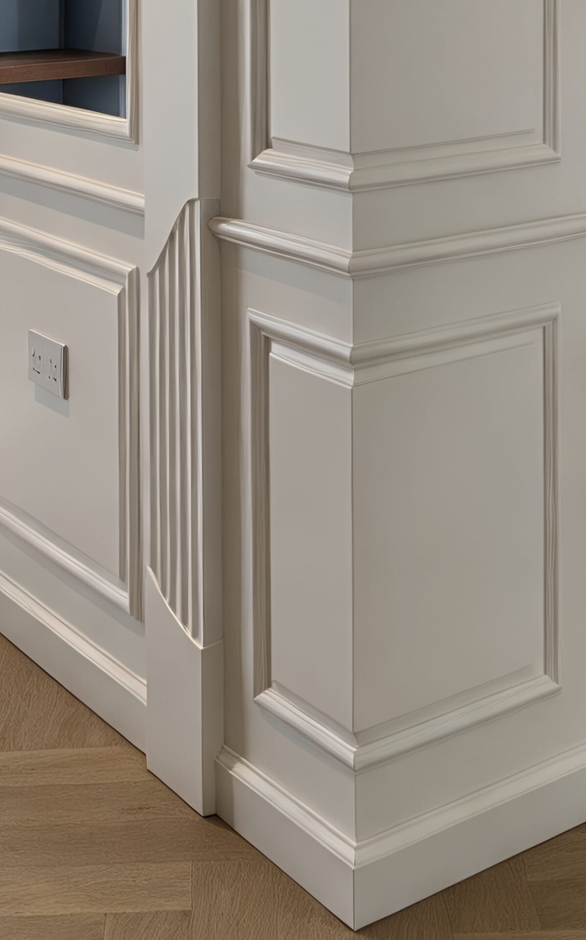Painted panel frames, corner junction and skirting detail in Chelsea