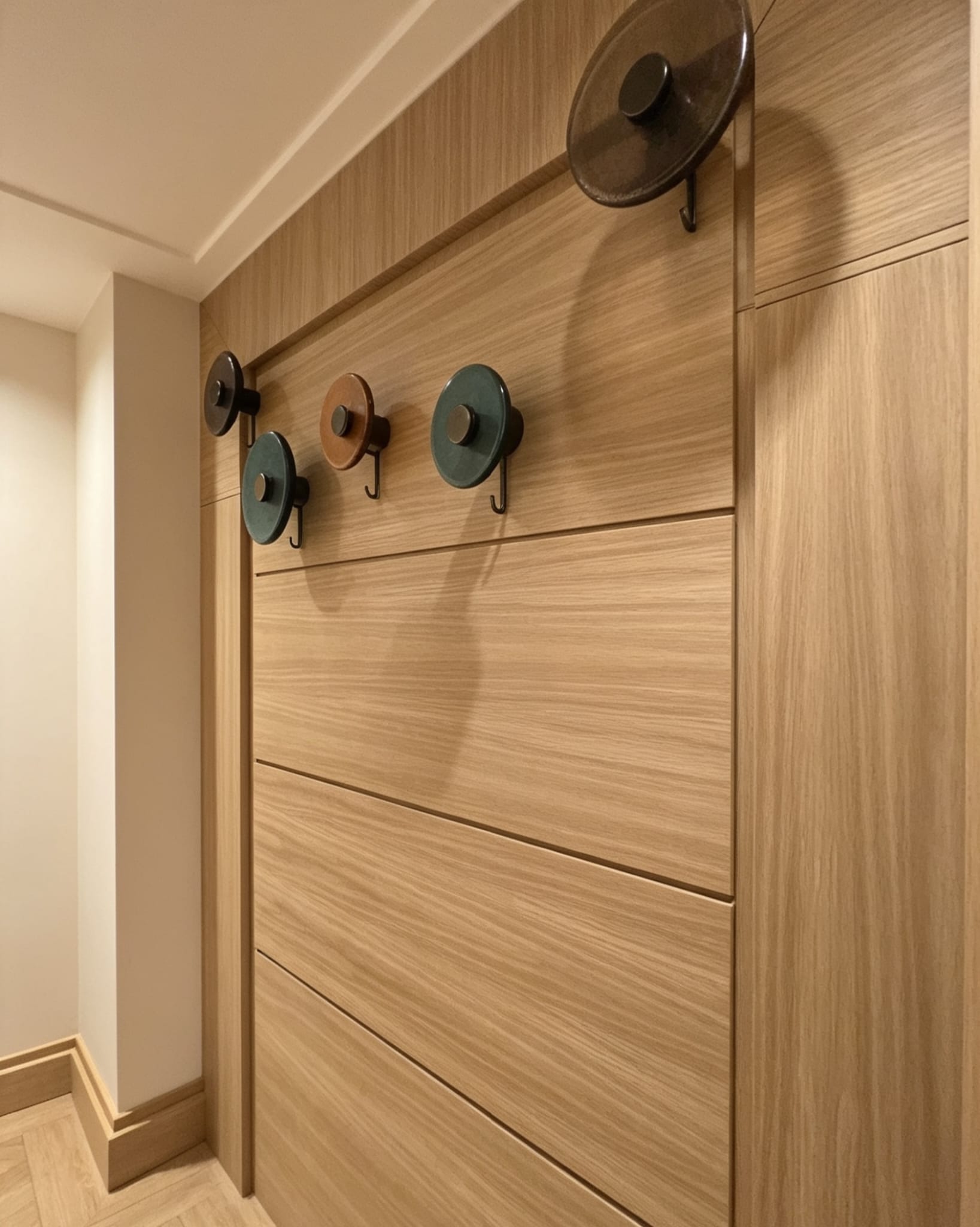 Close view of oak veneered hallway panels and sculptural coat hooks in Westminster