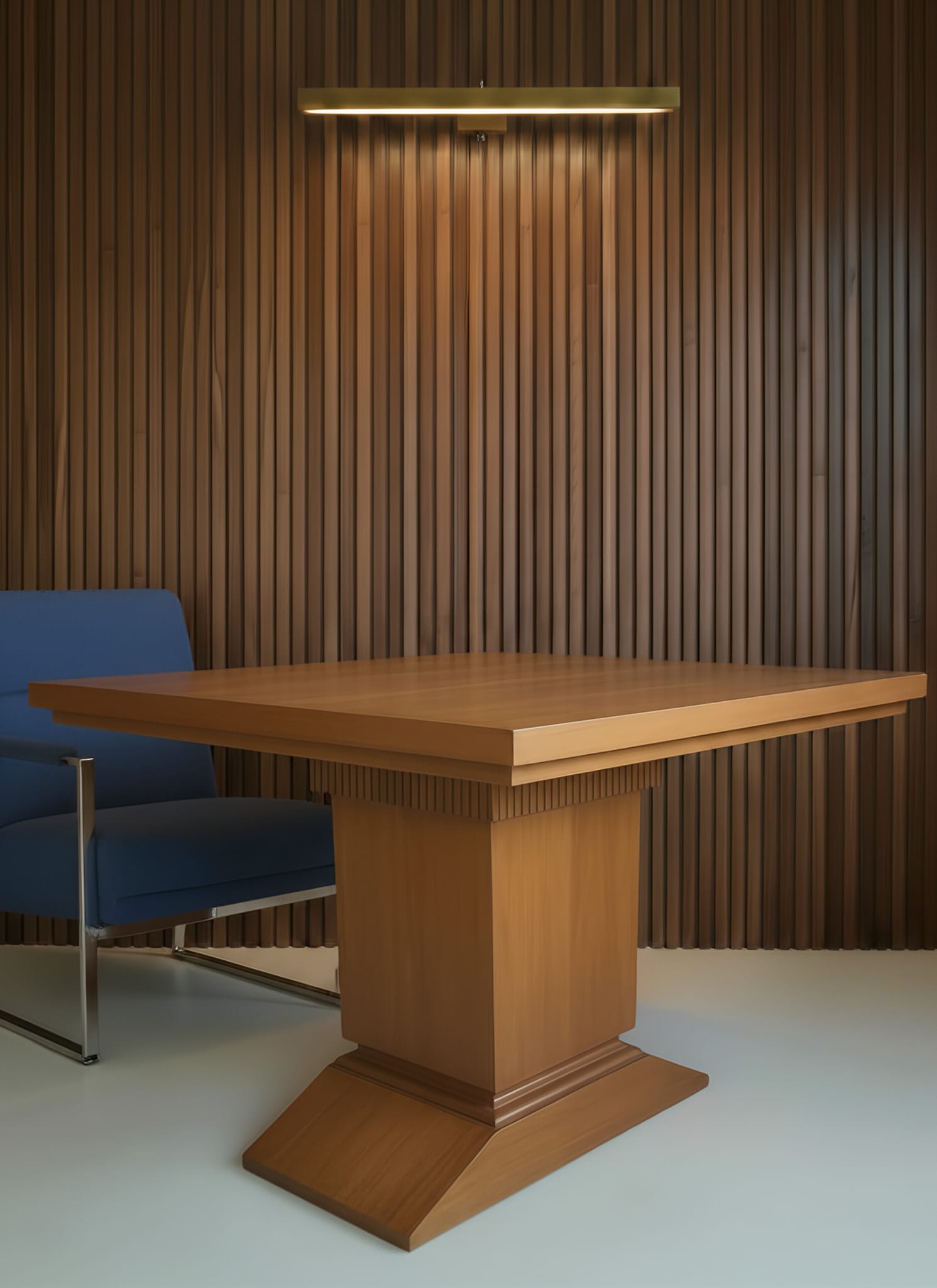African walnut square meeting table beside a contemporary blue armchair