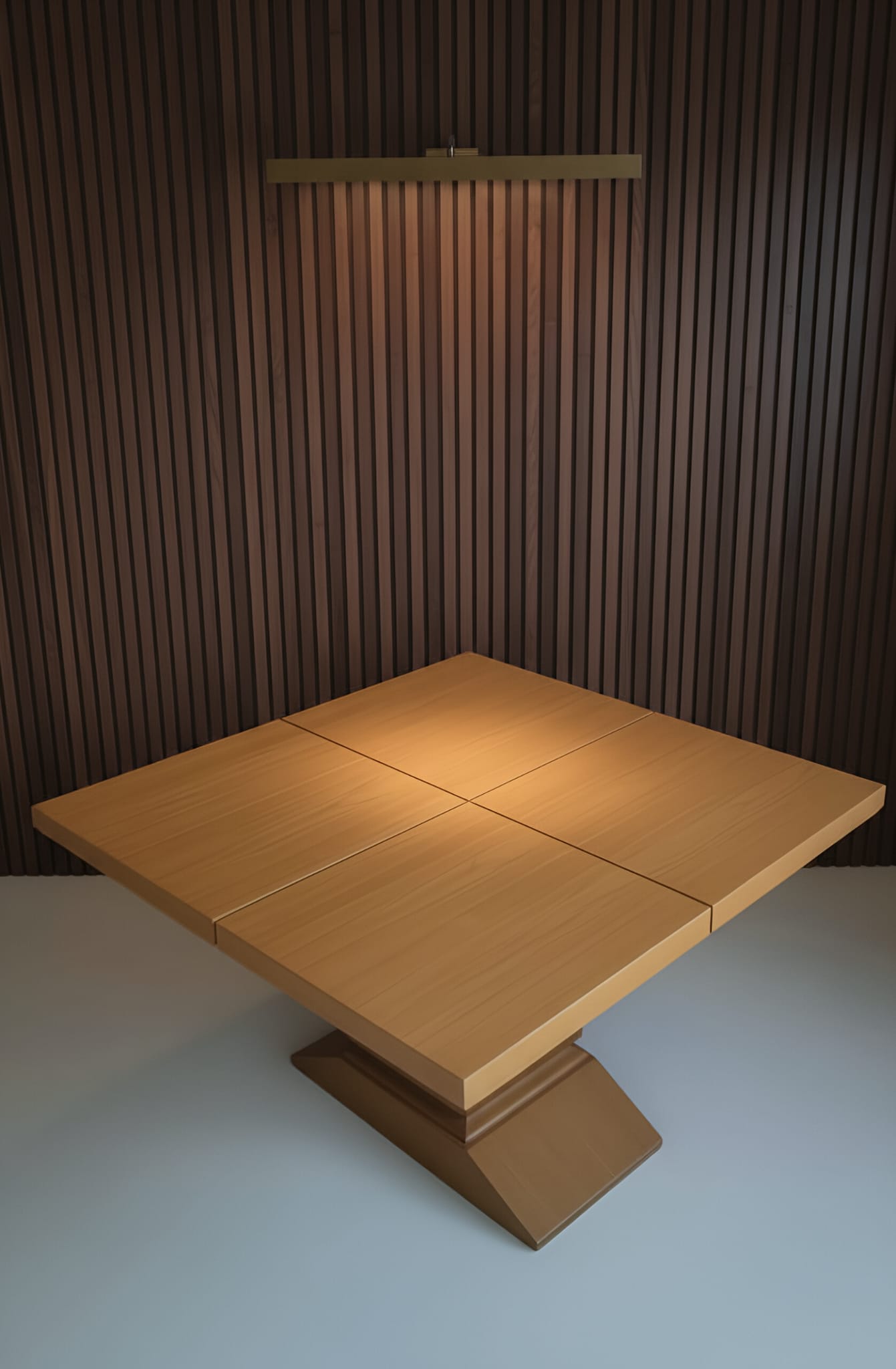 Quadrant veneer arrangement on the African walnut square tabletop