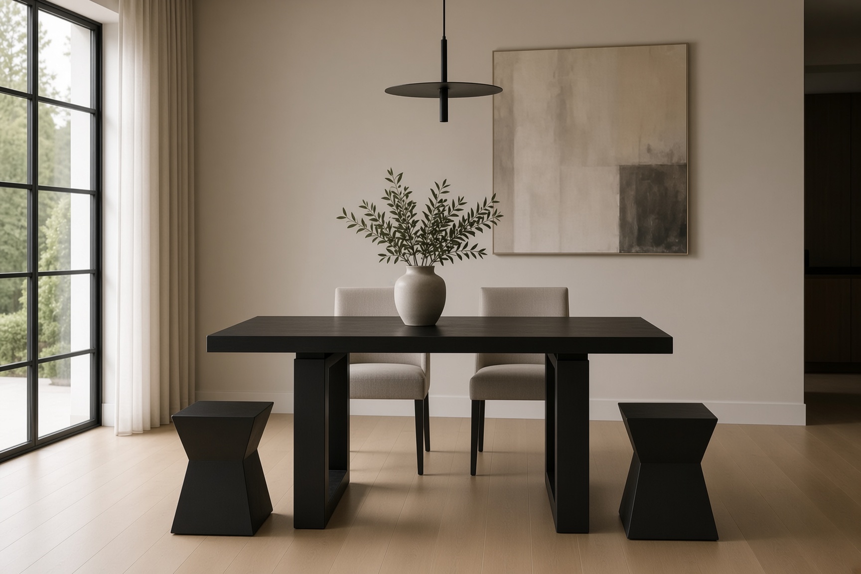 Bespoke dark oak dining table and sculptural stools in a Cambridge dining room