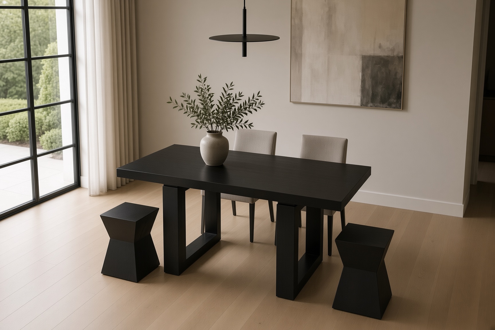 Contemporary dark oak dining set shown from a three-quarter view