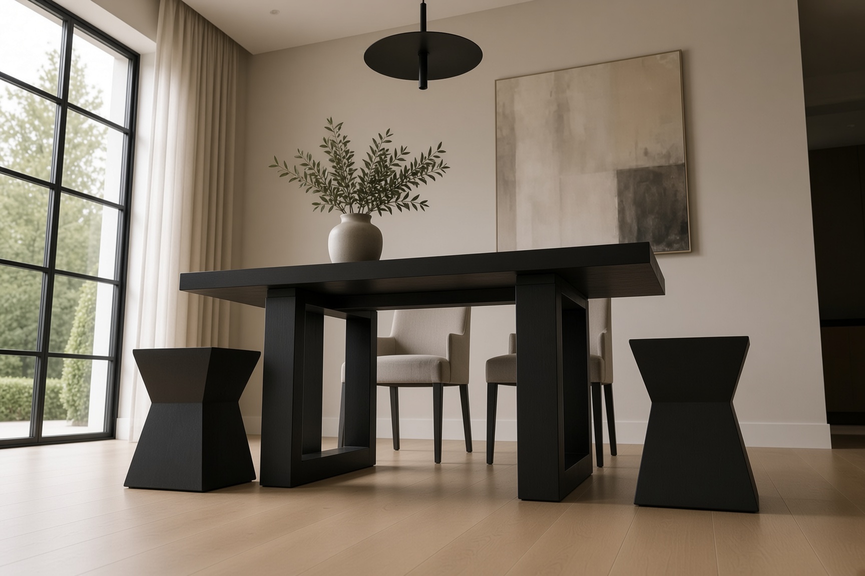 Low view of sculptural ebonised stools beside a dark oak dining table