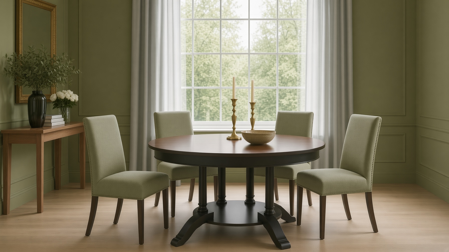 Round heritage dining table in a sage green classical Cambridge dining room