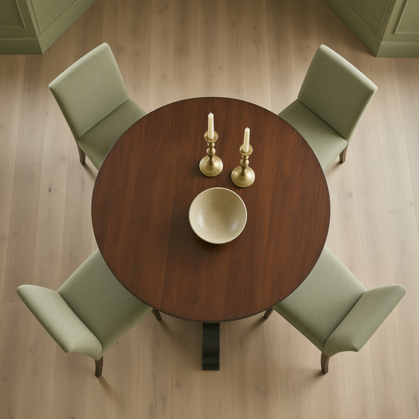 Overhead view of a round heritage dining table with four chairs