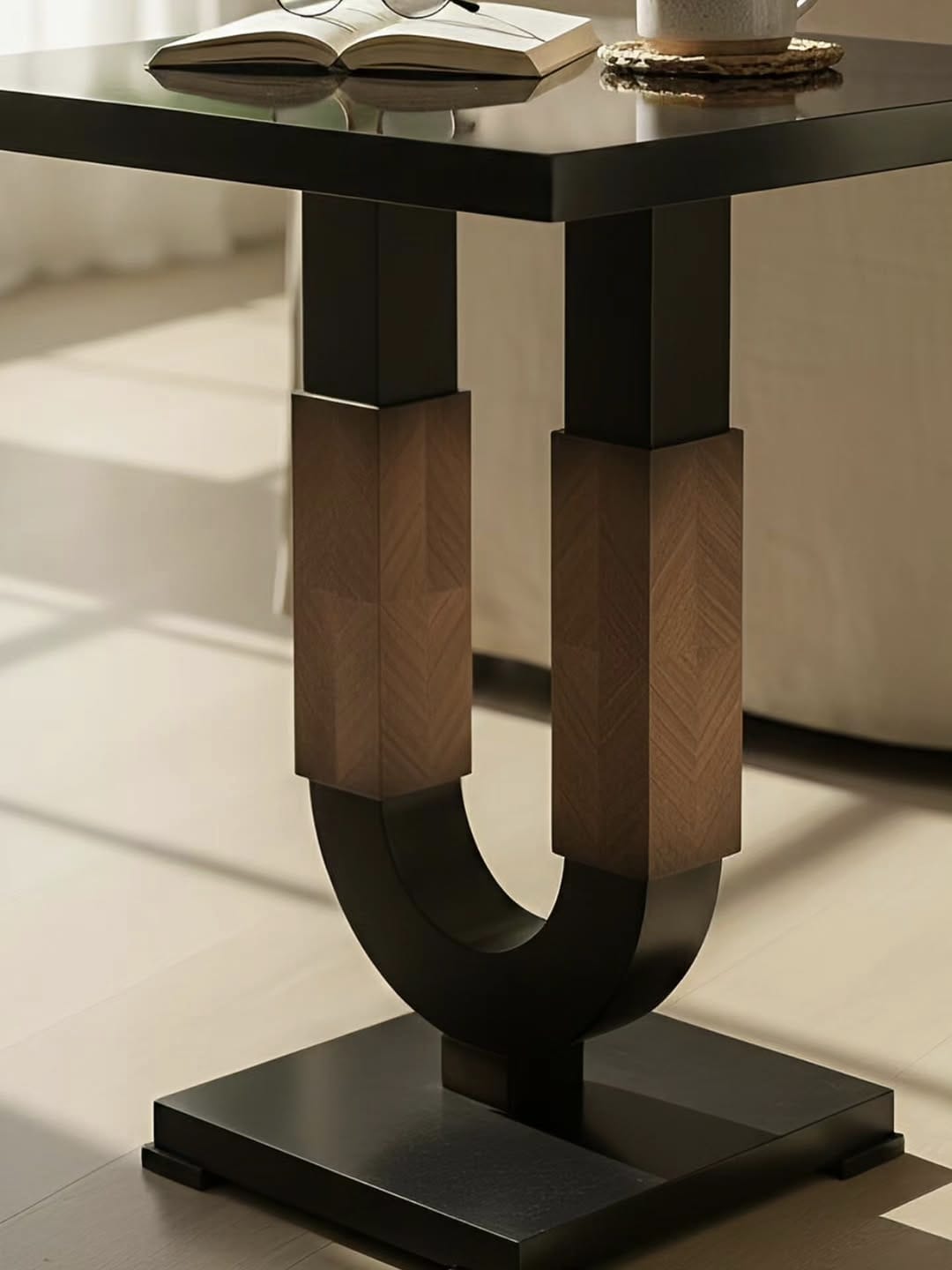 Bespoke U-base side table with a dark top and patterned timber uprights in Mayfair