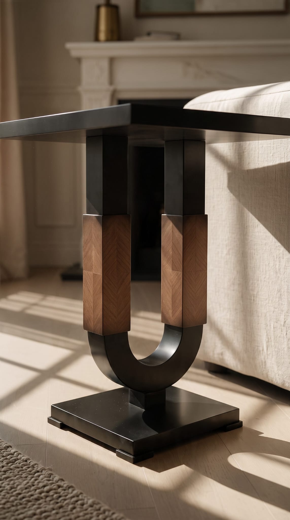 Front view of the bespoke U-base side table beside a sofa in Mayfair