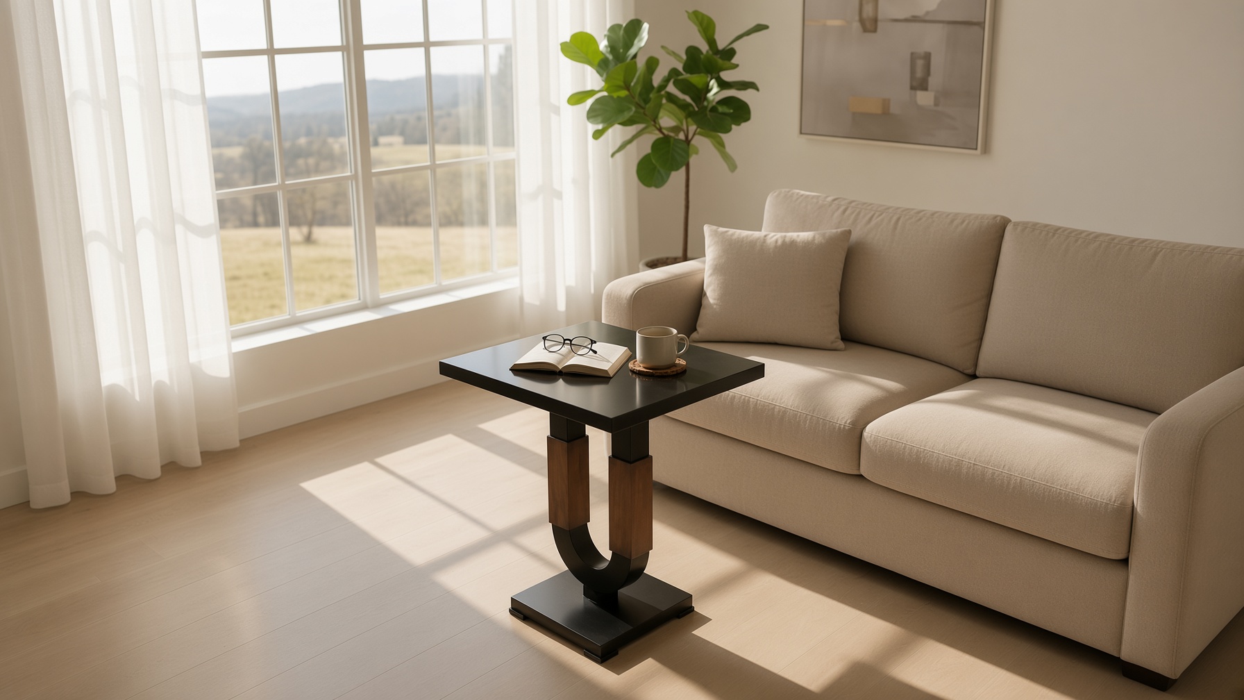 Bespoke U-base side table beside a sofa in a Mayfair living room