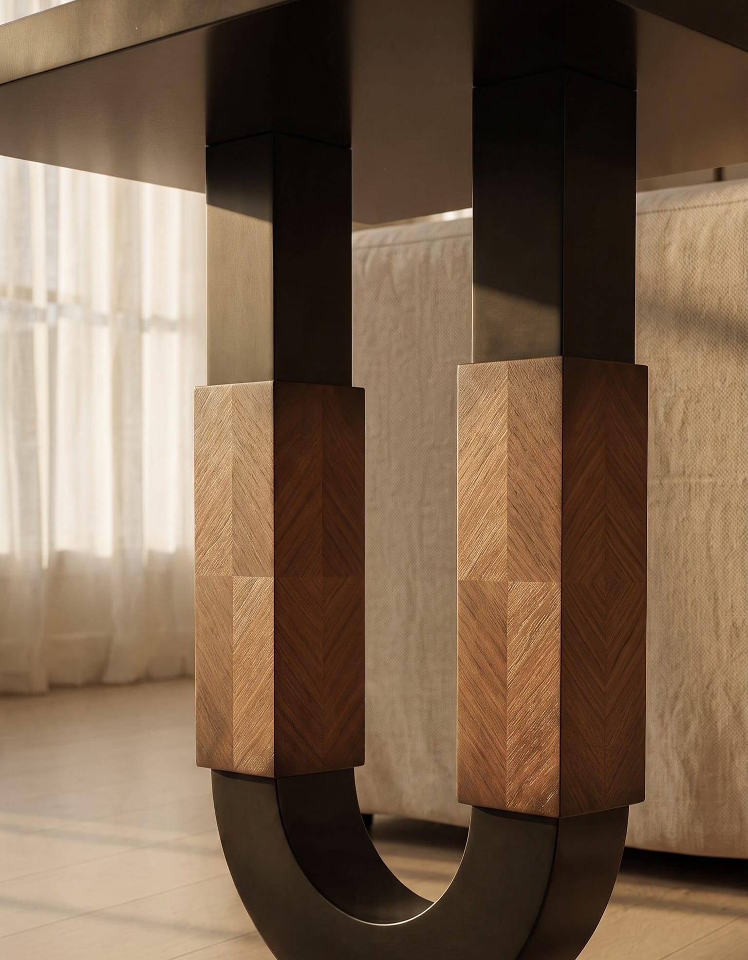 Close-up of patterned timber uprights and the dark U-shaped side table base