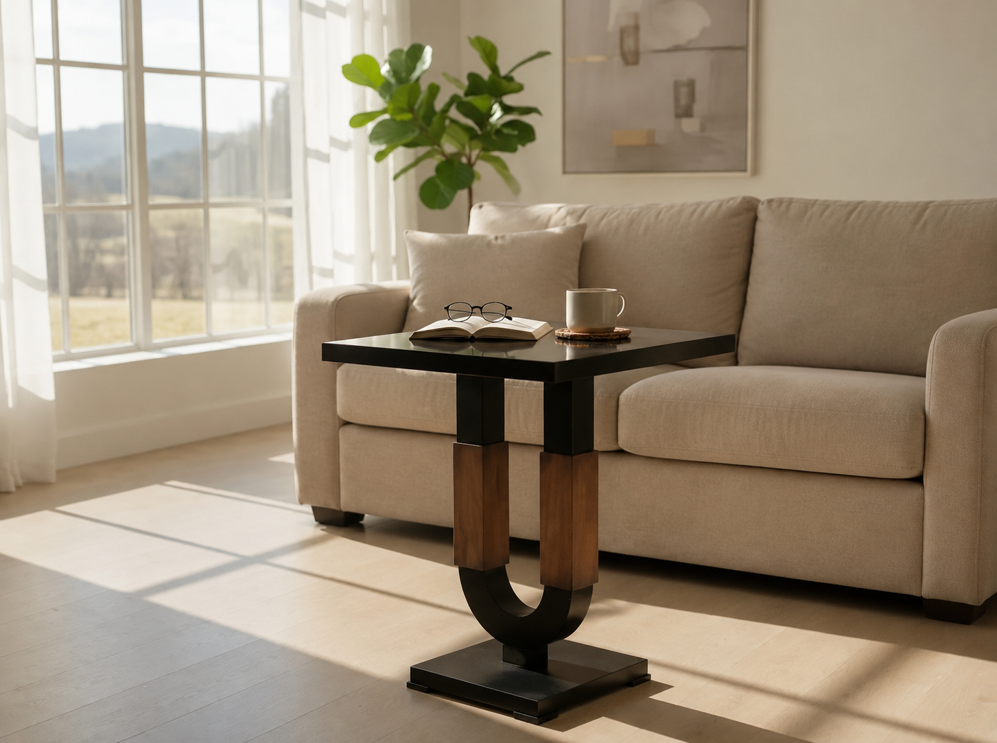 Contemporary U-base side table with dark painted hardwood and timber accents