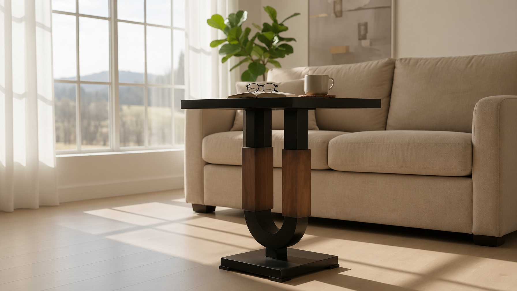 Front view of a handcrafted U-base side table in a Mayfair apartment