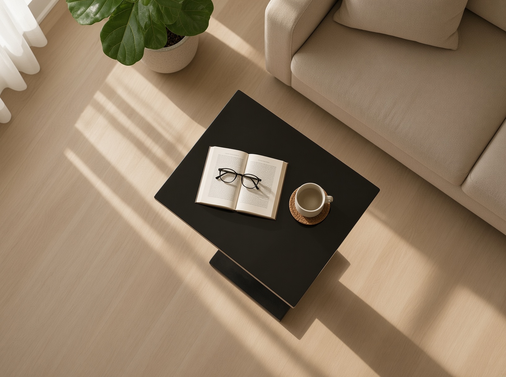 Overhead view of a U-base side table beside an upholstered chair
