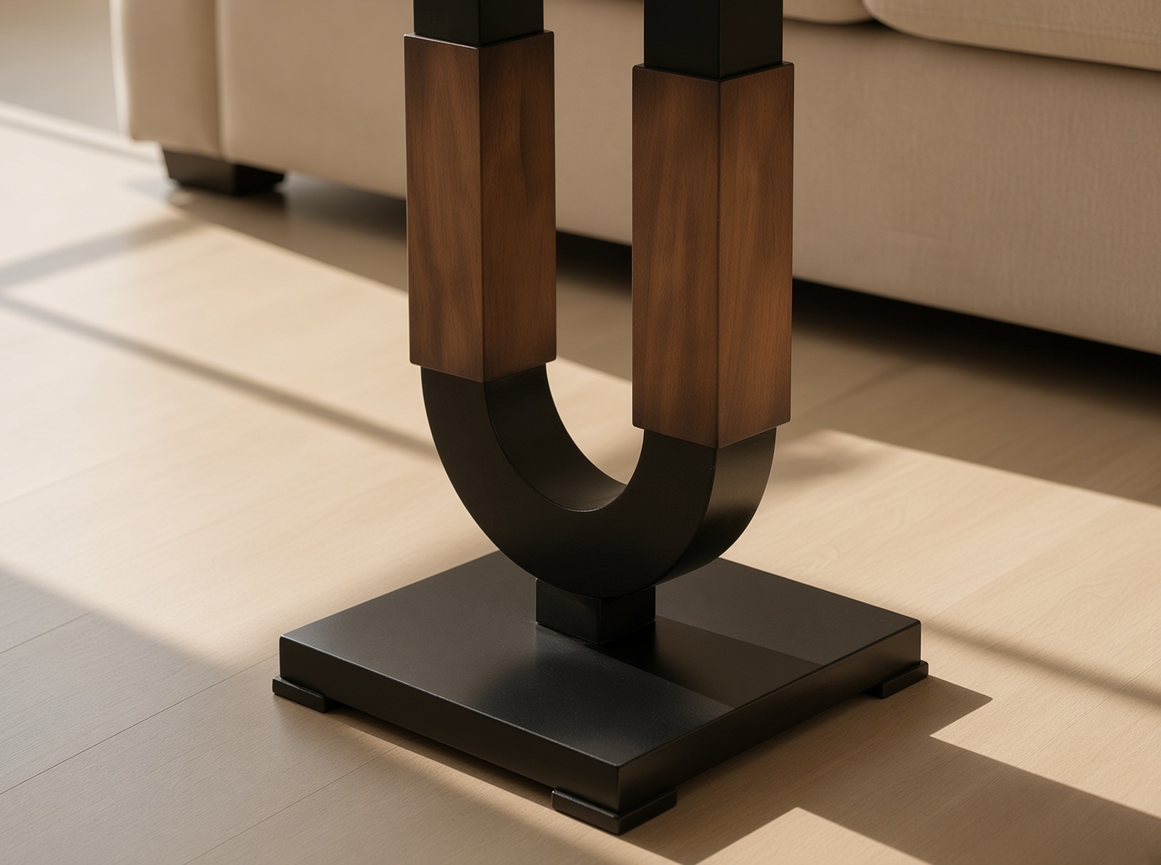 Close view of the U-shaped painted base and contrasting timber uprights