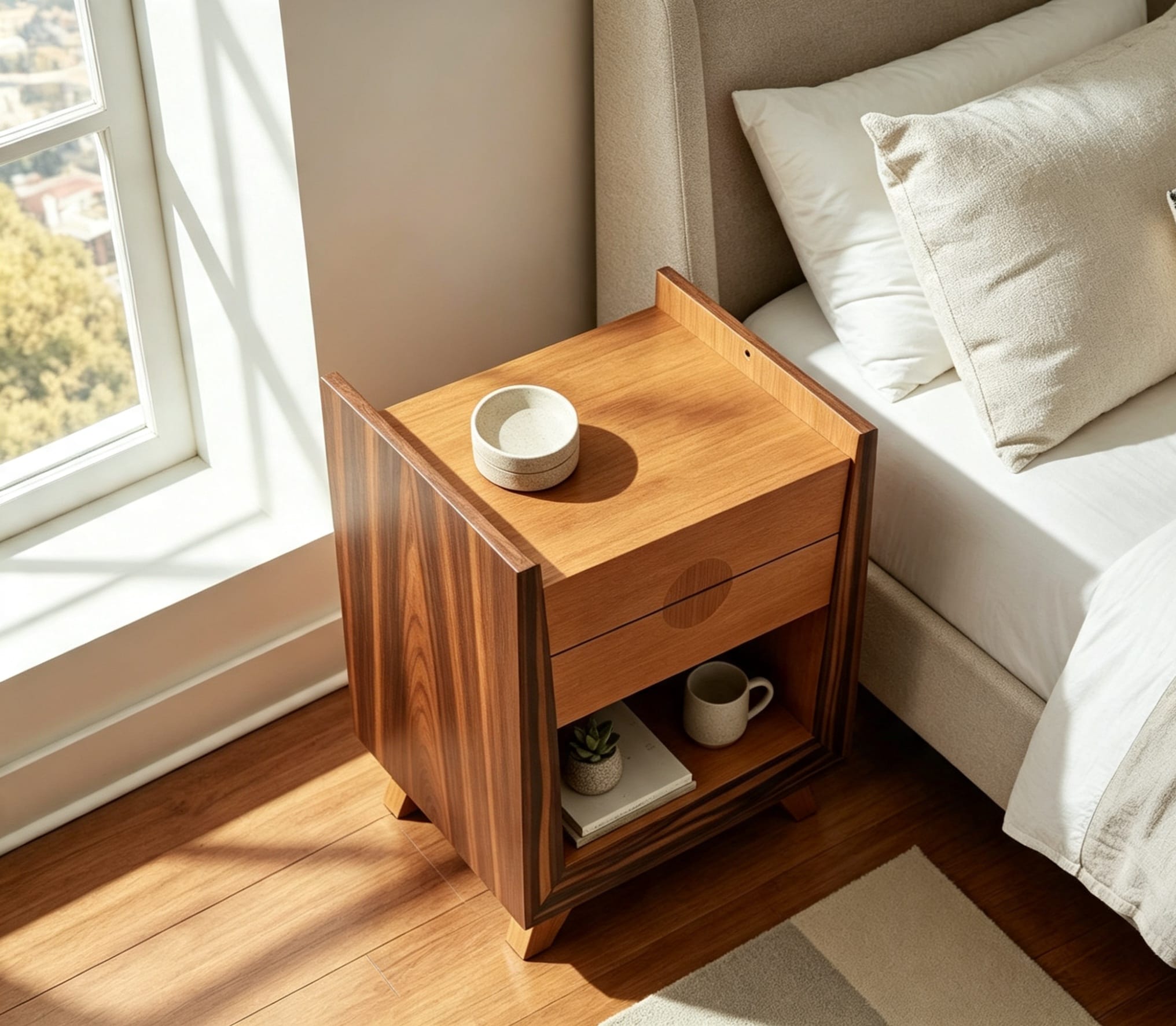 Rich walnut grain and tapered leg detail on a bespoke bedside cabinet