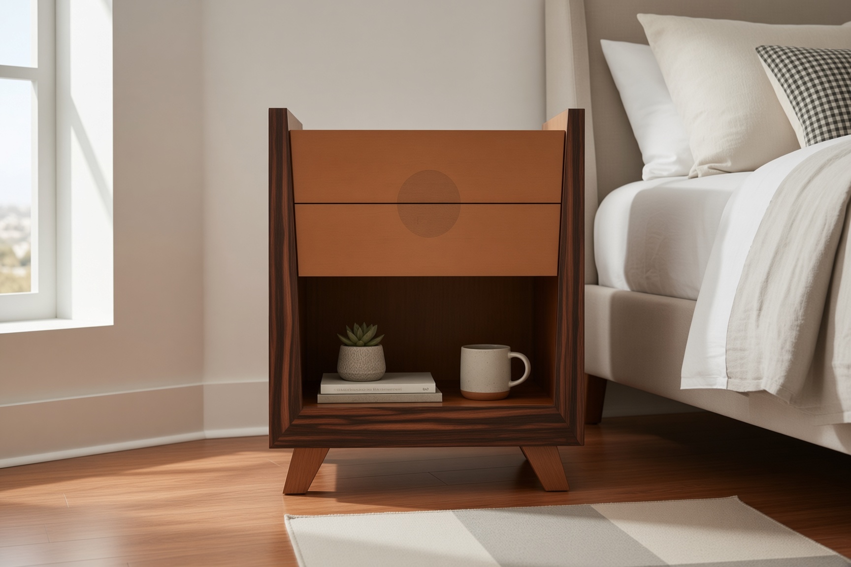 Straight-on view of a custom walnut bedside cabinet beside a bed