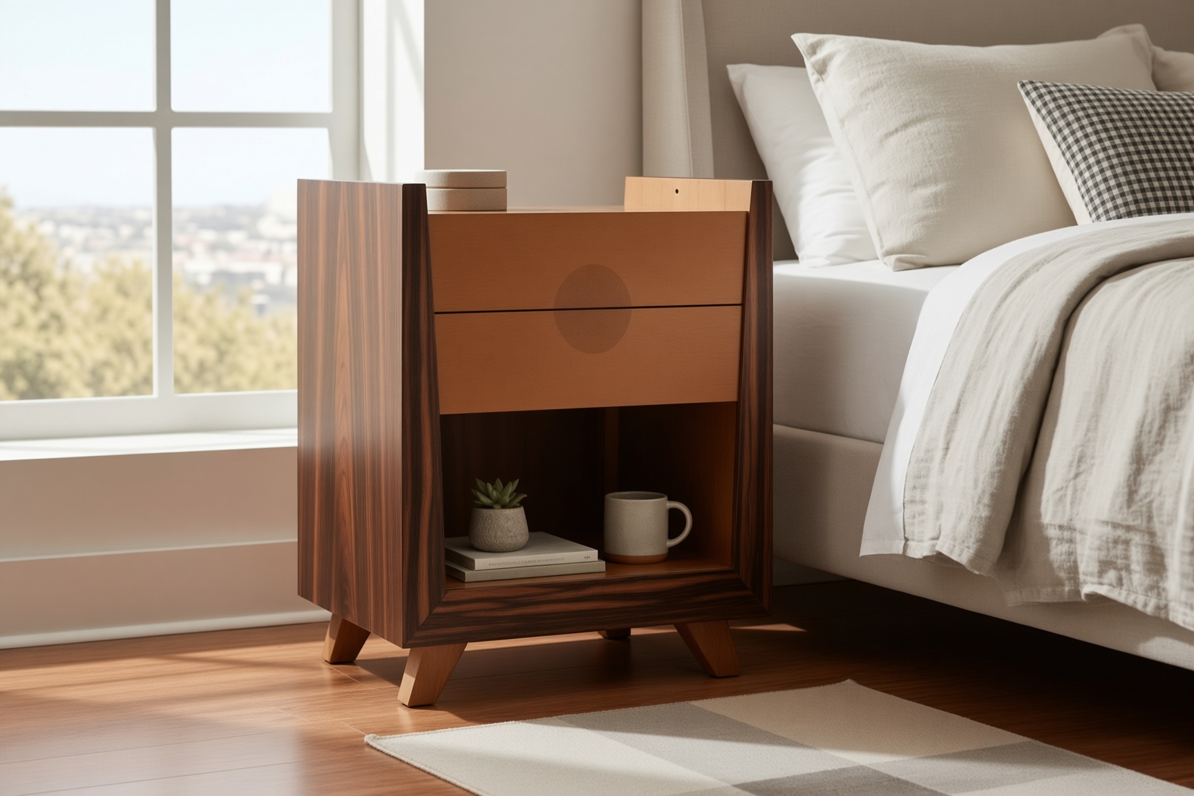 Bespoke walnut bedside cabinet with drawer and open shelf in a Chelsea bedroom