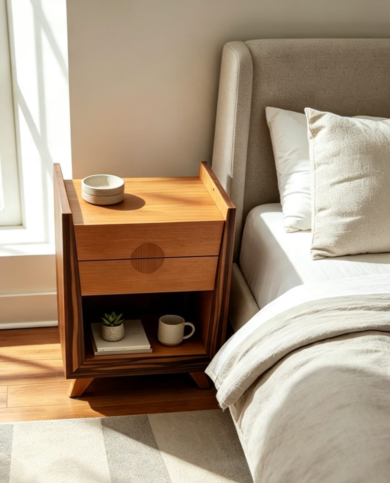 Flush drawer and lower display shelf on a walnut bedside cabinet