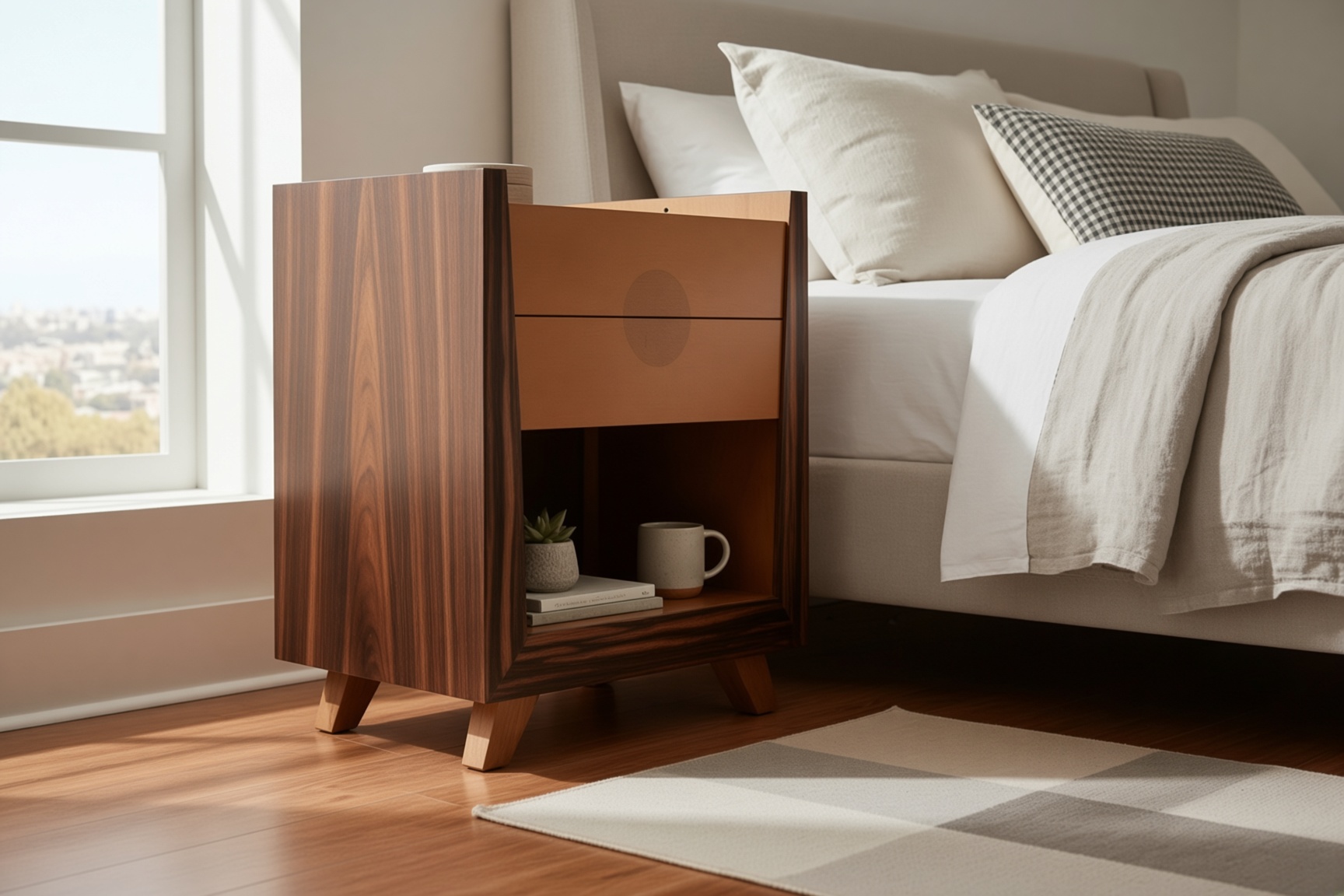 Rich walnut veneer and tapered leg detail on a bespoke bedside cabinet