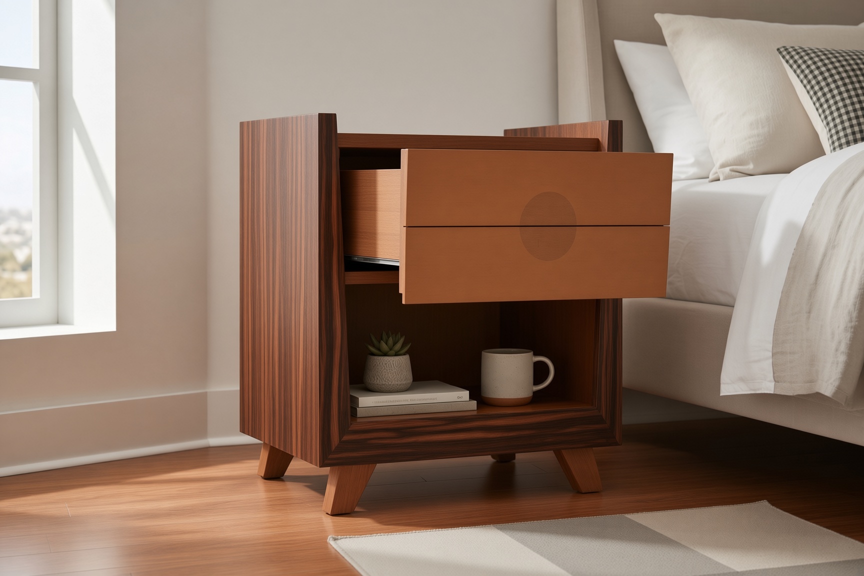 Open drawer and lower display shelf on a walnut bedside cabinet