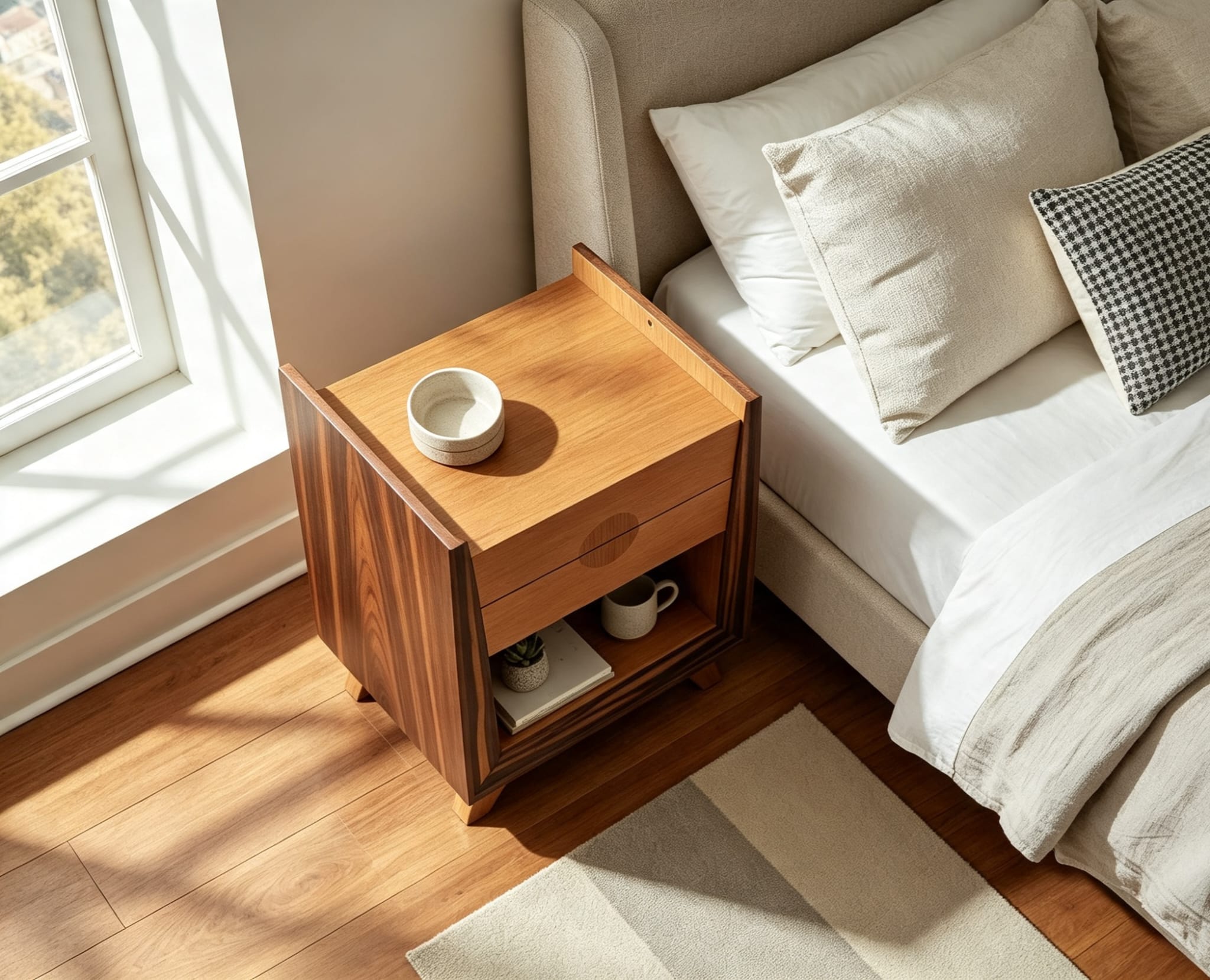 Overhead view of a custom walnut bedside cabinet beside a bed