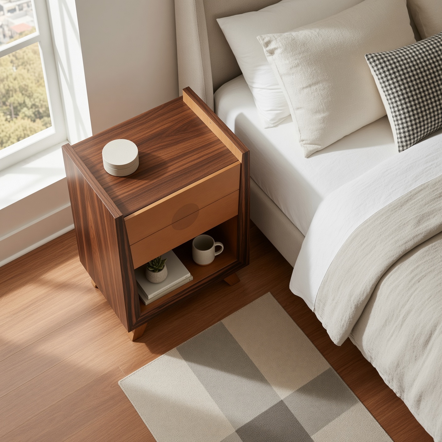 Overhead view showing the proportions of a walnut bedside cabinet beside a bed