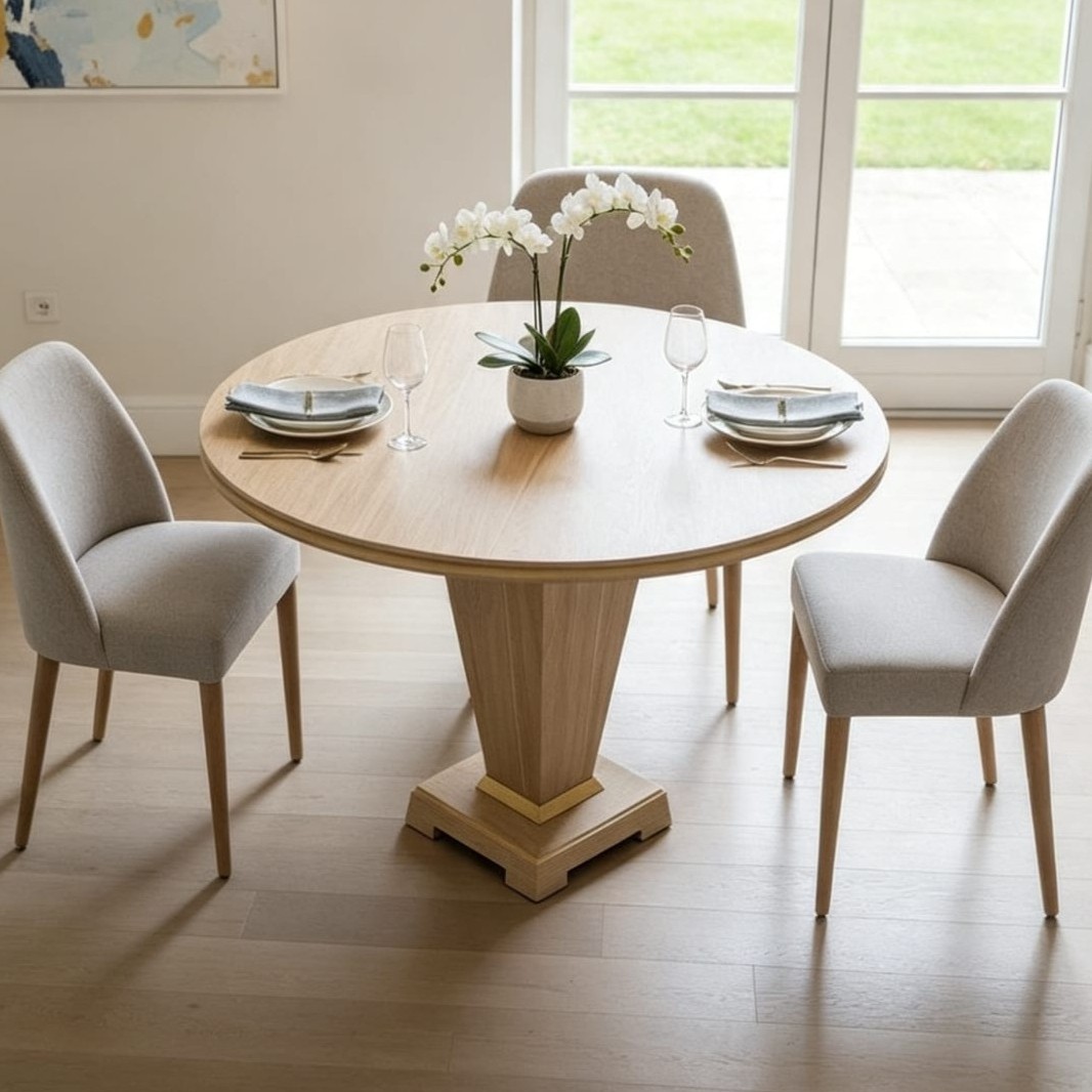 Overhead view of a bespoke round oak dining table set for four in Richmond