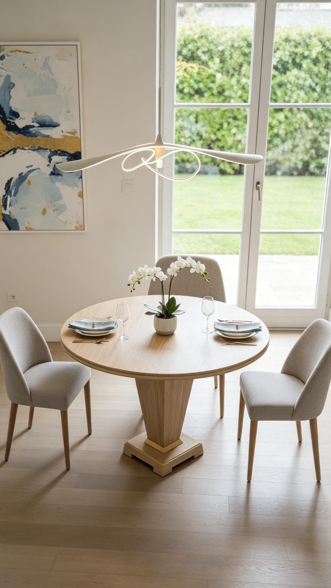 Contemporary round oak pedestal dining table in Richmond
