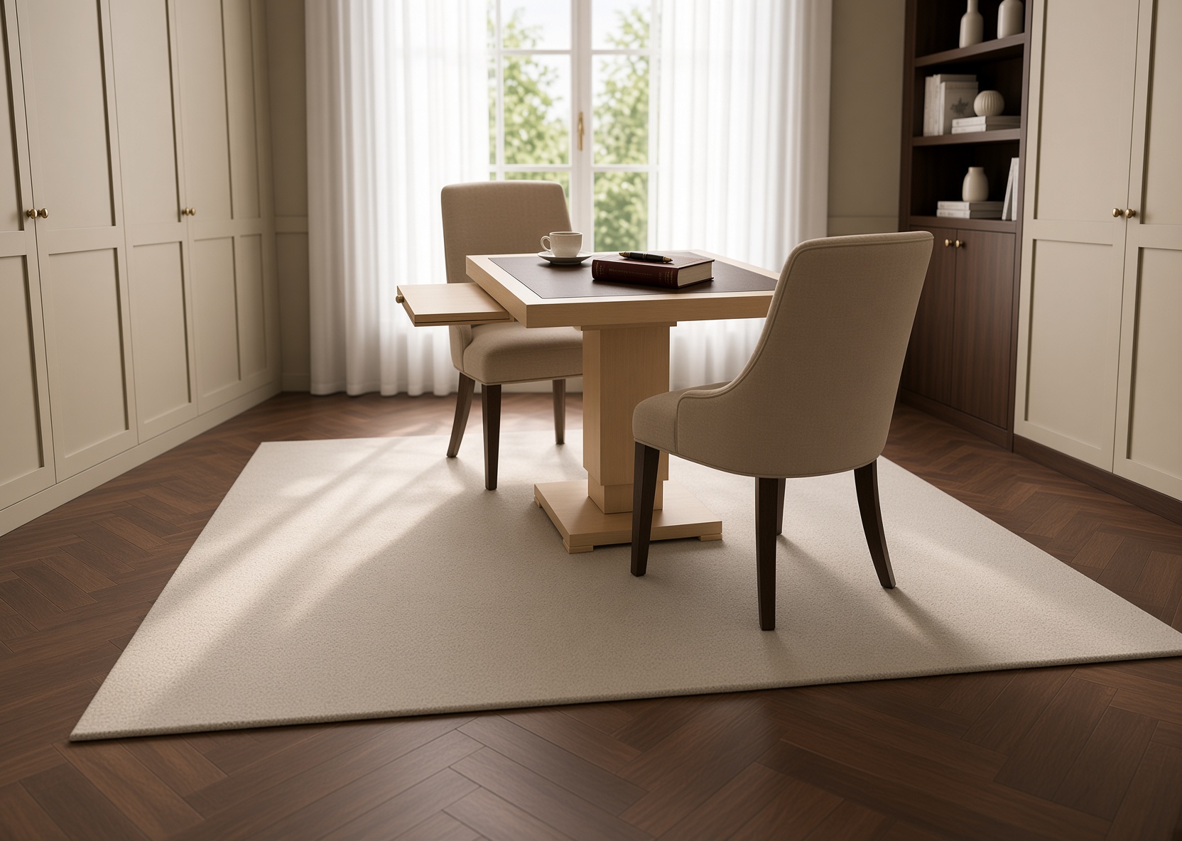 Bespoke square pedestal writing table with concealed drawer in a Hampstead study