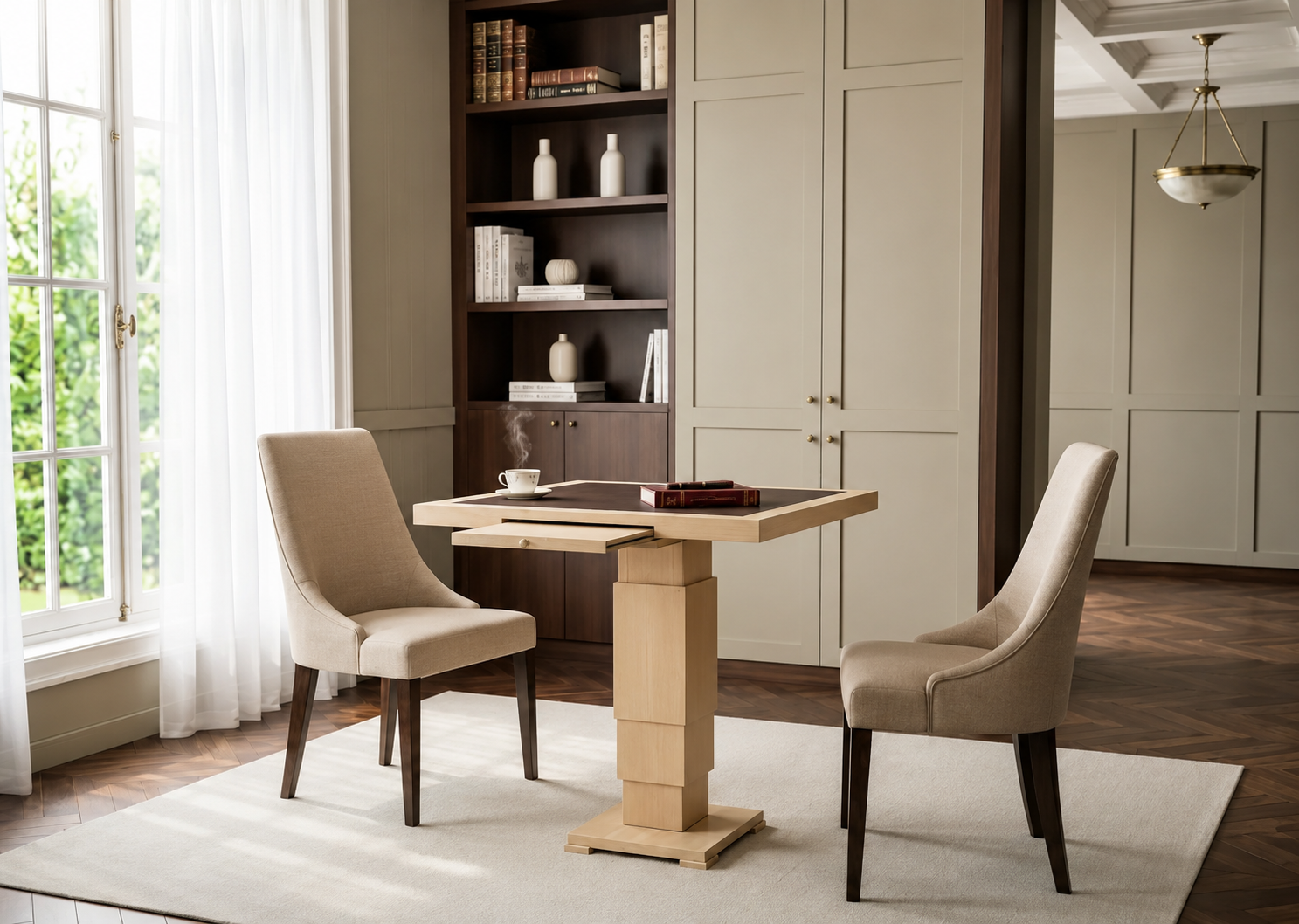 Square pedestal writing table with its concealed pull-out drawer open