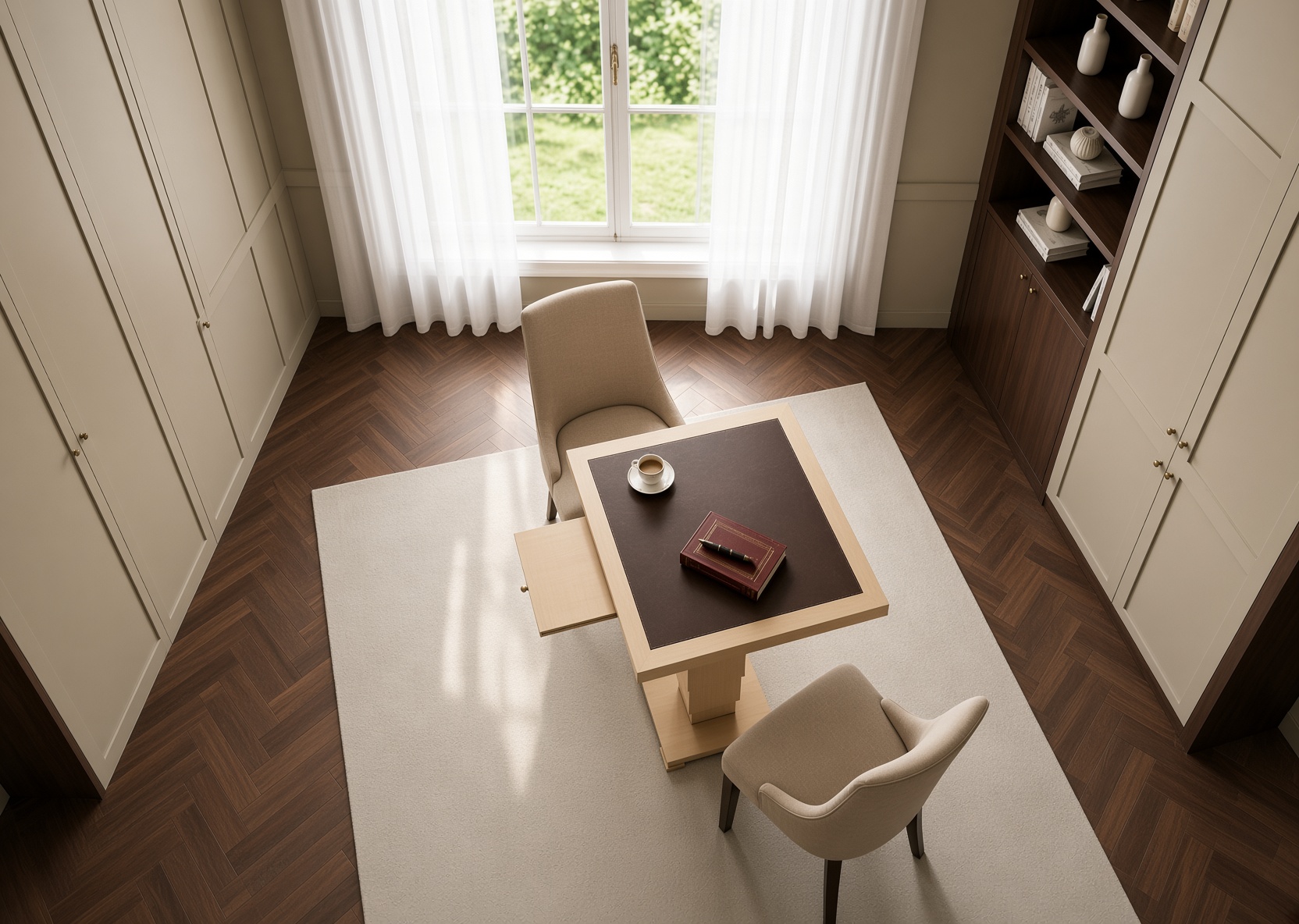 Overhead view of a square pedestal writing table in a Hampstead study