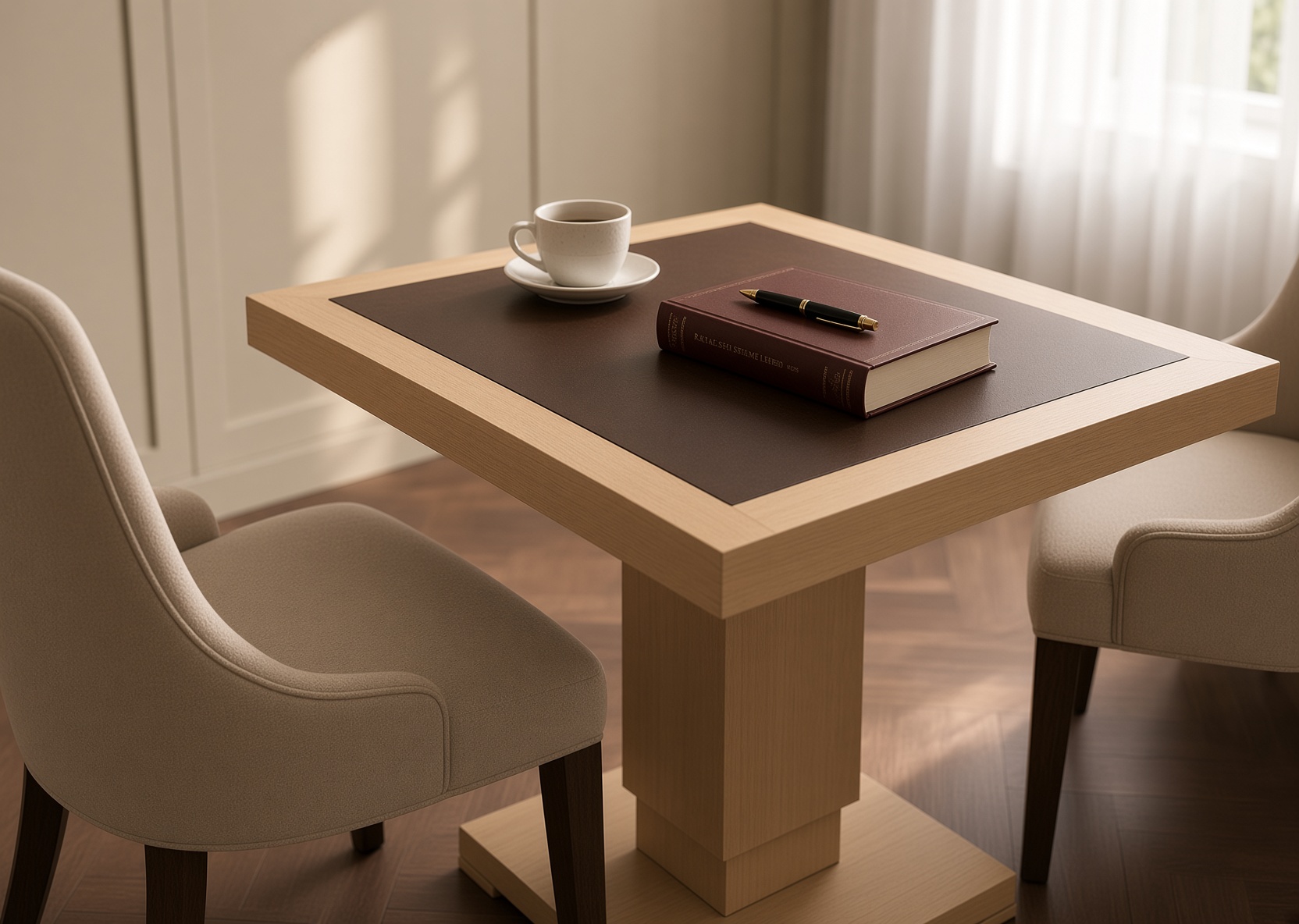 Inset writing surface framed by pale solid timber on a square writing table