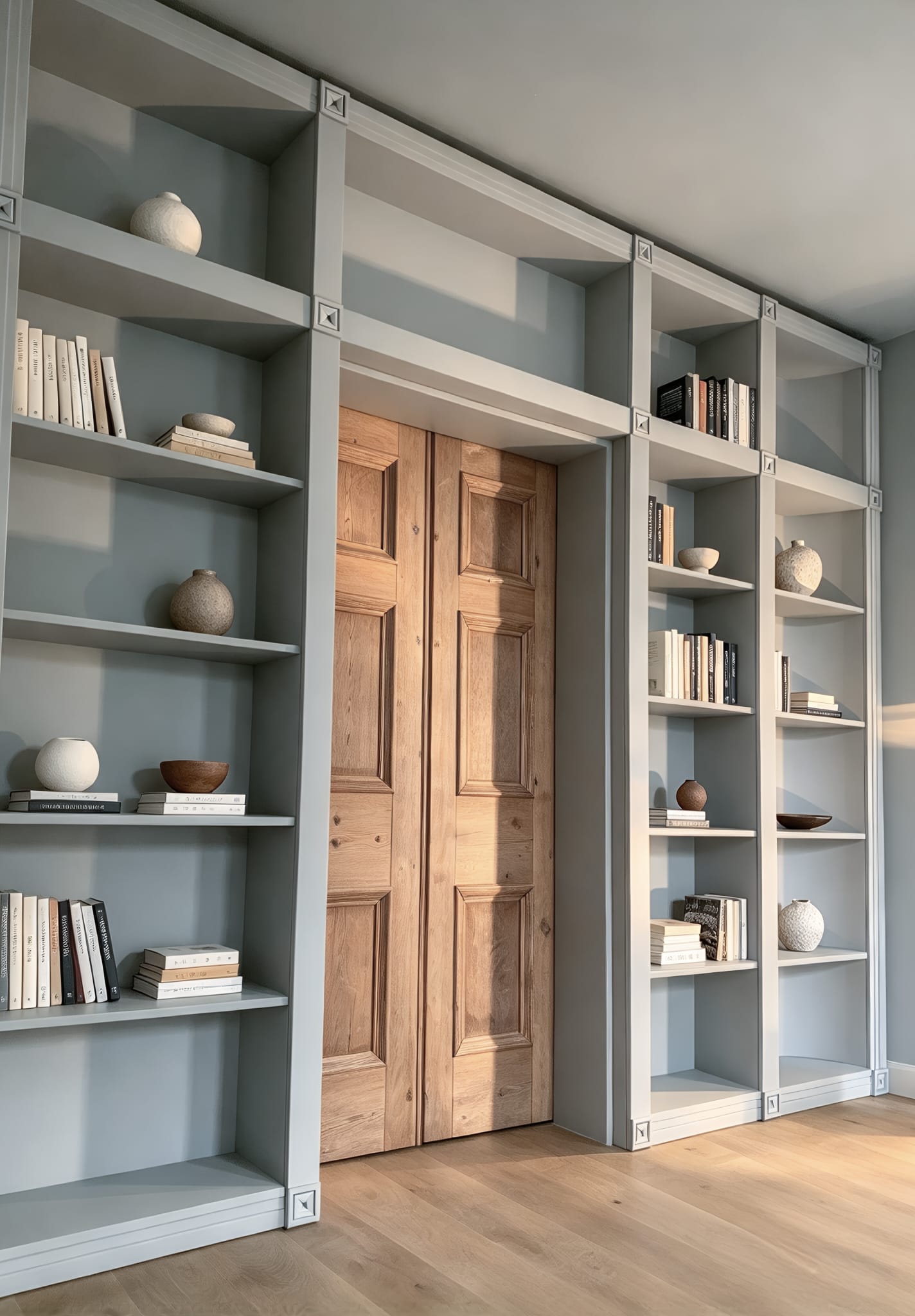 Wall-to-wall painted bookcase framing a timber doorway in Shoreditch, London