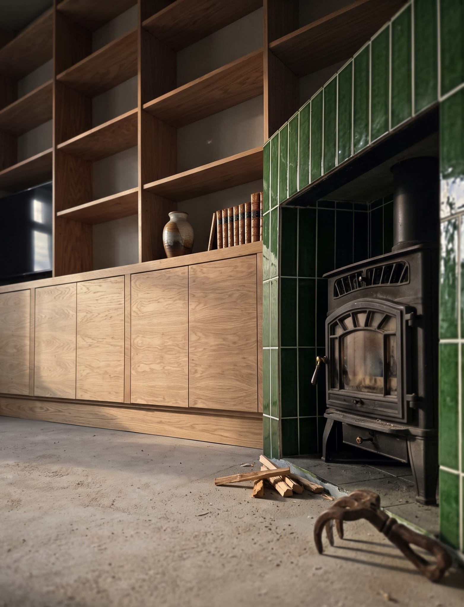 Wood-grain cupboard fronts and display shelves beside the green-tiled fireplace in Hackney