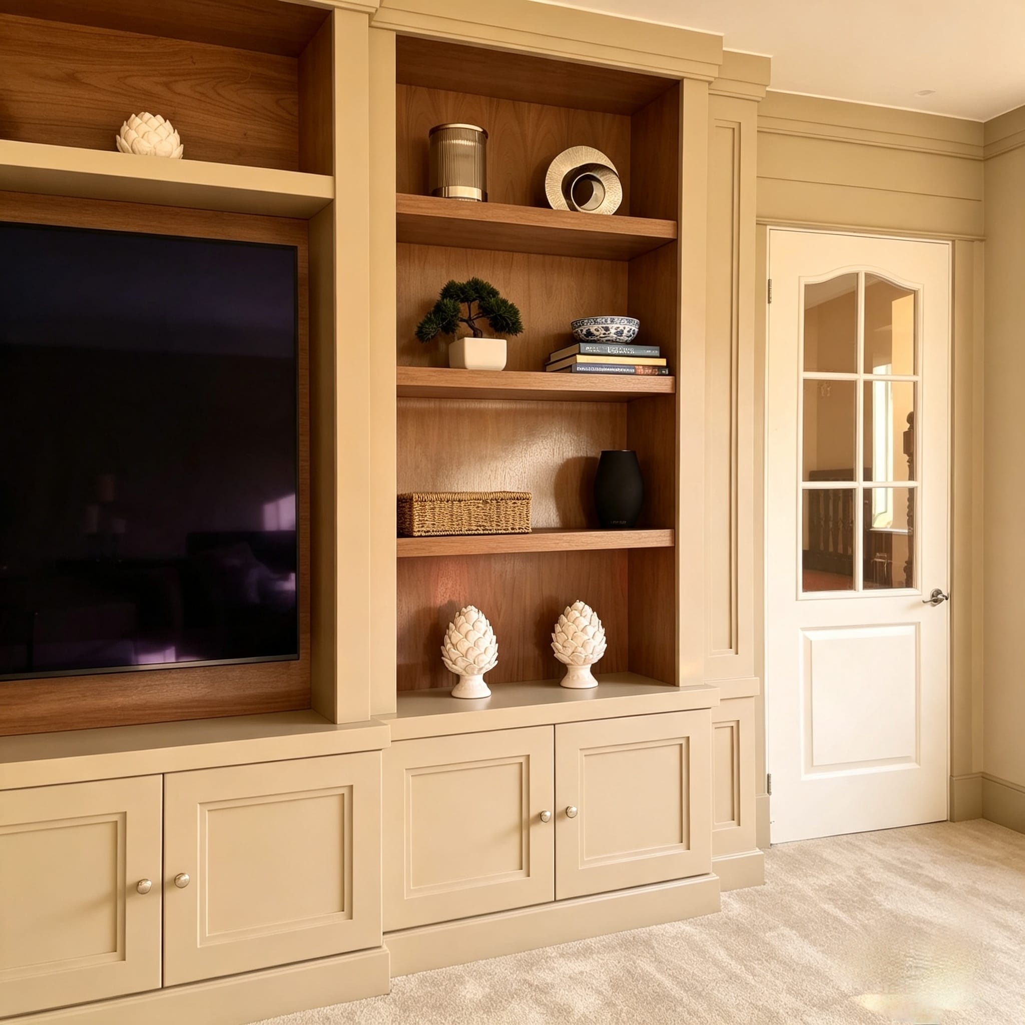 Classical end column beside walnut shelving on a Brentwood media wall