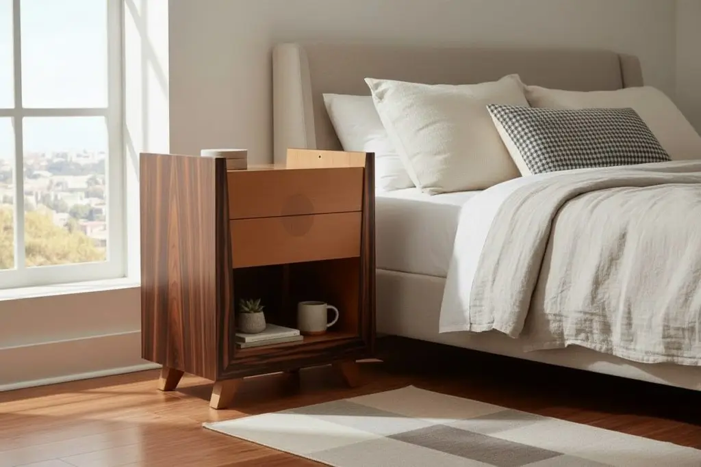 Bespoke walnut bedside cabinet with a drawer and open shelf