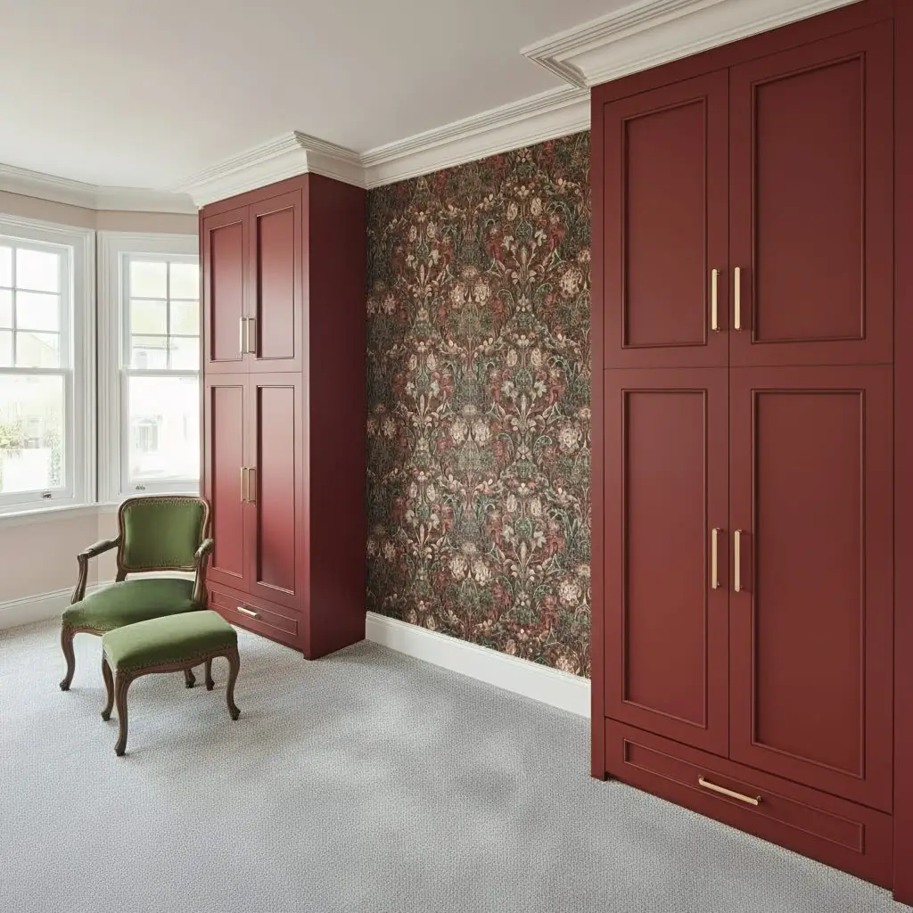 Completed heritage red fitted wardrobes with antique brass handles in Arnos Grove