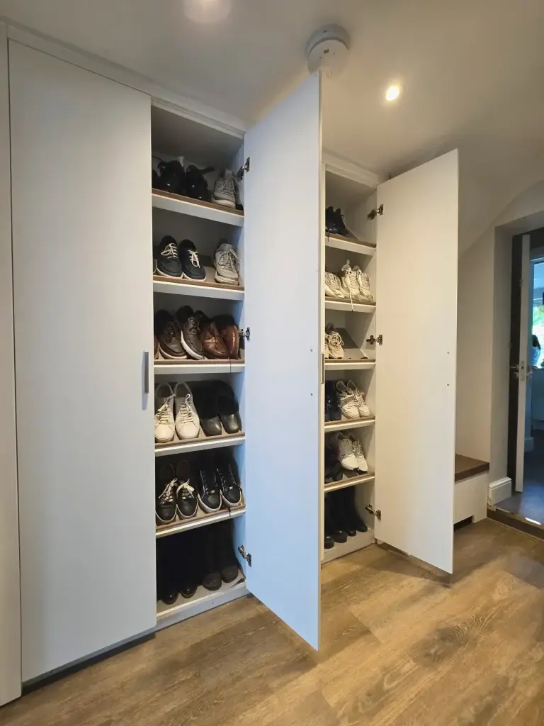 Open fitted shoe cabinet with tailored shelving in Stanmore, London