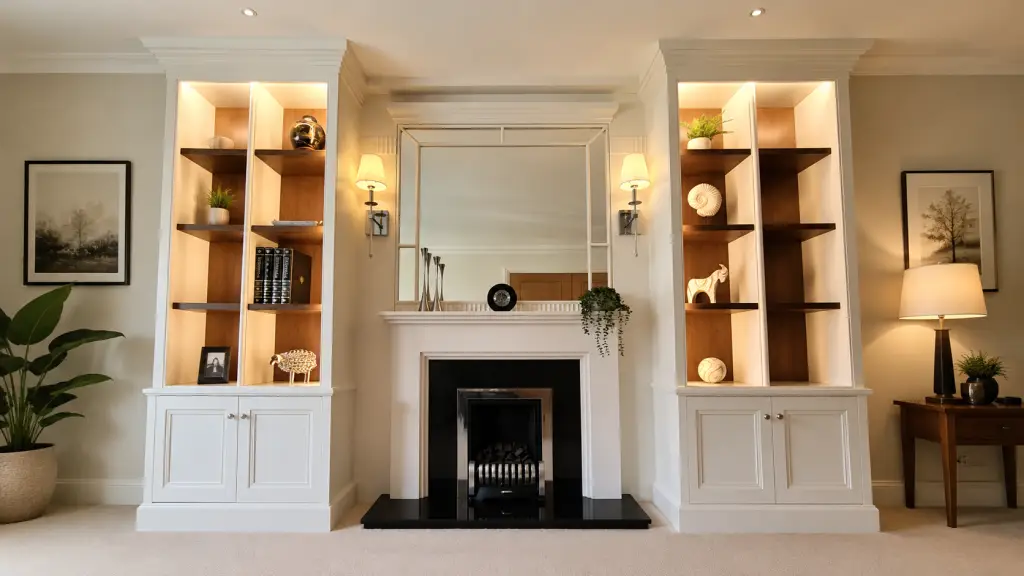 Fitted alcove shelving beside a Portland stone fireplace in Ruislip
