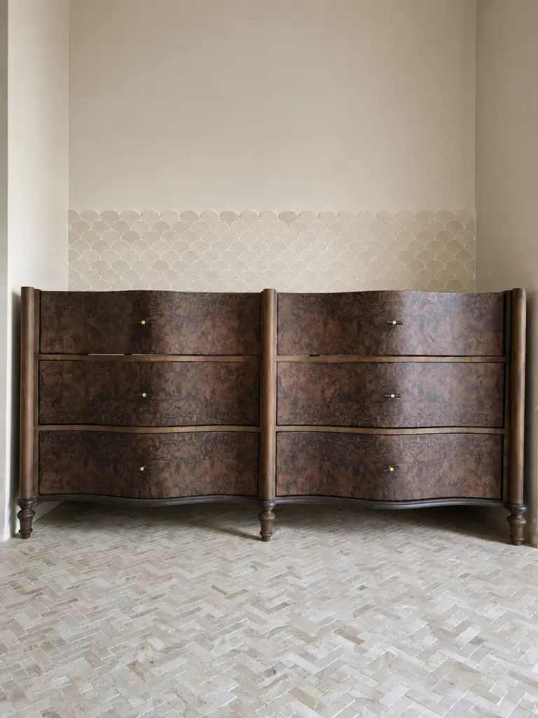 Burr walnut double vanity with carved details in Kent