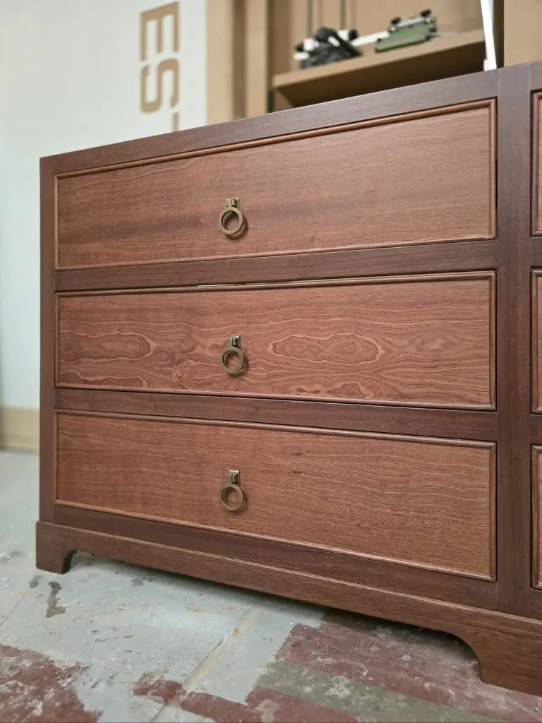 Sapele vanity unit with ring pulls and carved bracket foot, Kent