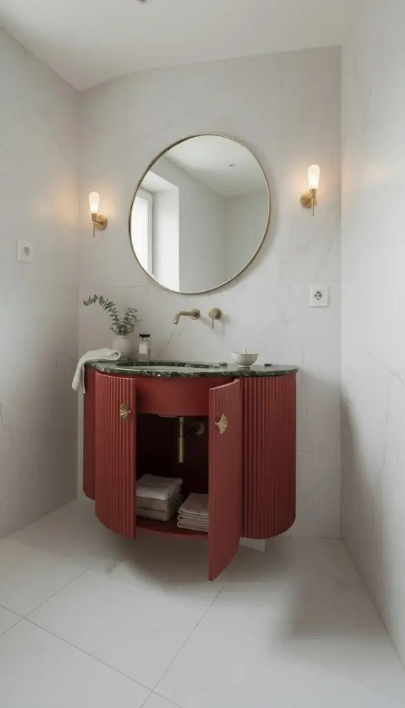 Terracotta fluted vanity unit beneath round mirror in powder room, Hampstead Heath, London