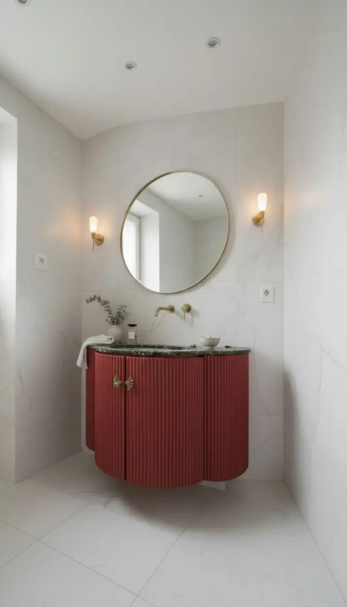 Terracotta fluted vanity with bronze handles below verde marble basin, Hampstead Heath, London