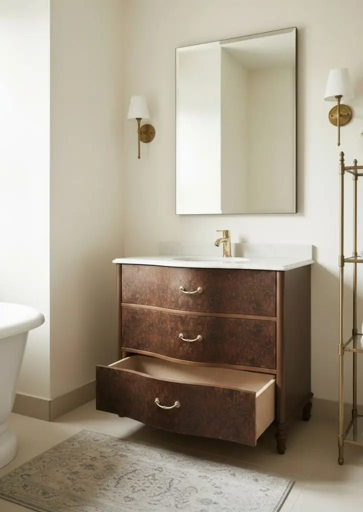 Completed walnut burr vanity with marble top, open drawer and hand-turned legs