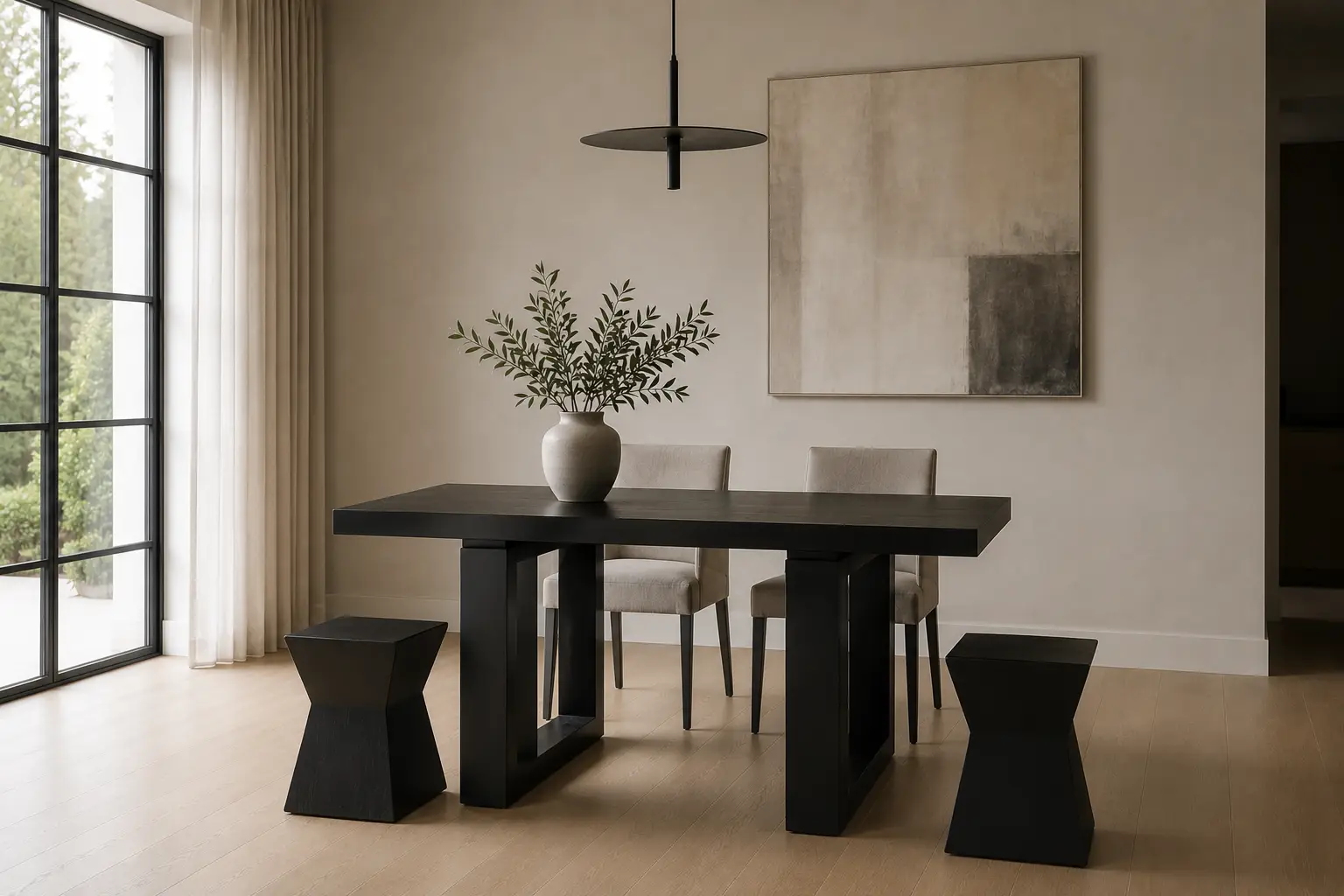Dark oak dining table and sculptural stool set