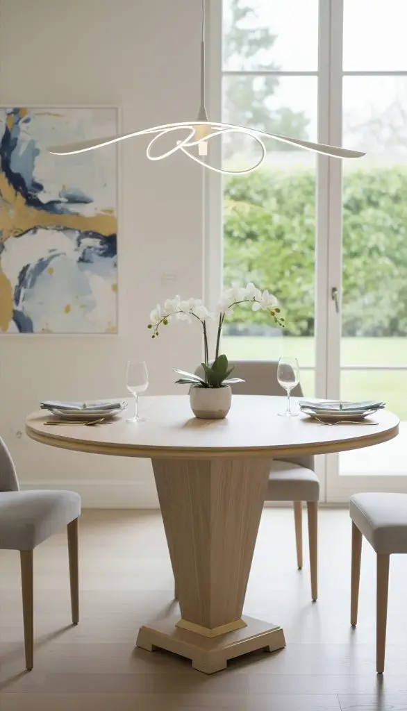 Bespoke oak pedestal dining table with gilt edge detail, styled in a contemporary dining room.